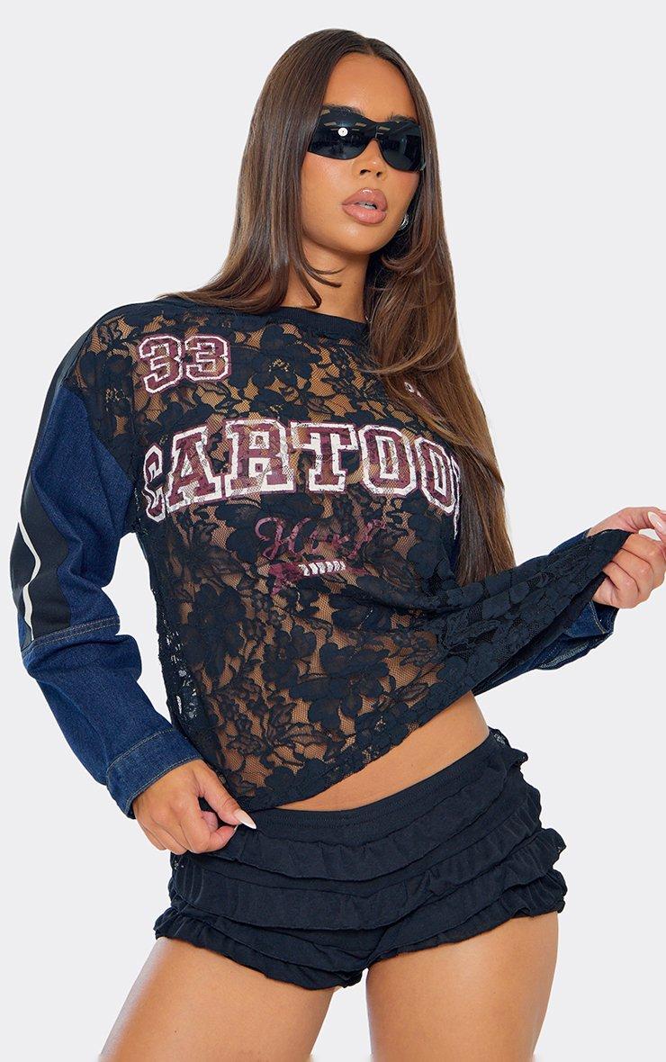 Long Sleeve Lace Detail Football Top In Black Multi Print Denim