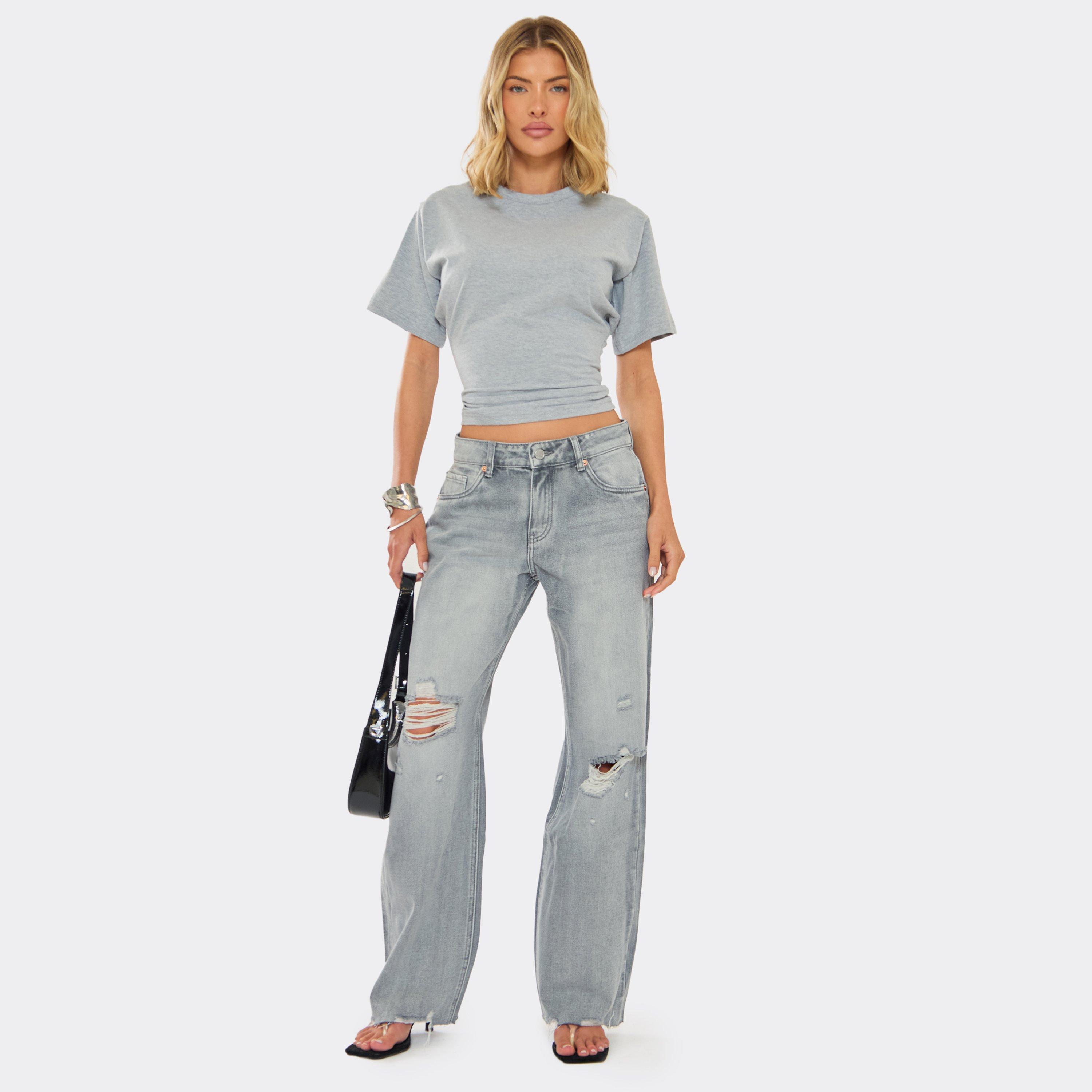 Image of Low Rise Ripped Knee Detail Jeans In Washed Grey Denim, Women's Size UK L