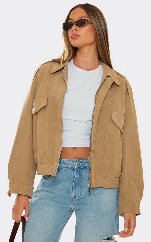 qung TomBOYオーバーサイズJK ラテベージュ Long Sleeve Cropped Bomber Jacket In Light Brown Faux Suede | EGO