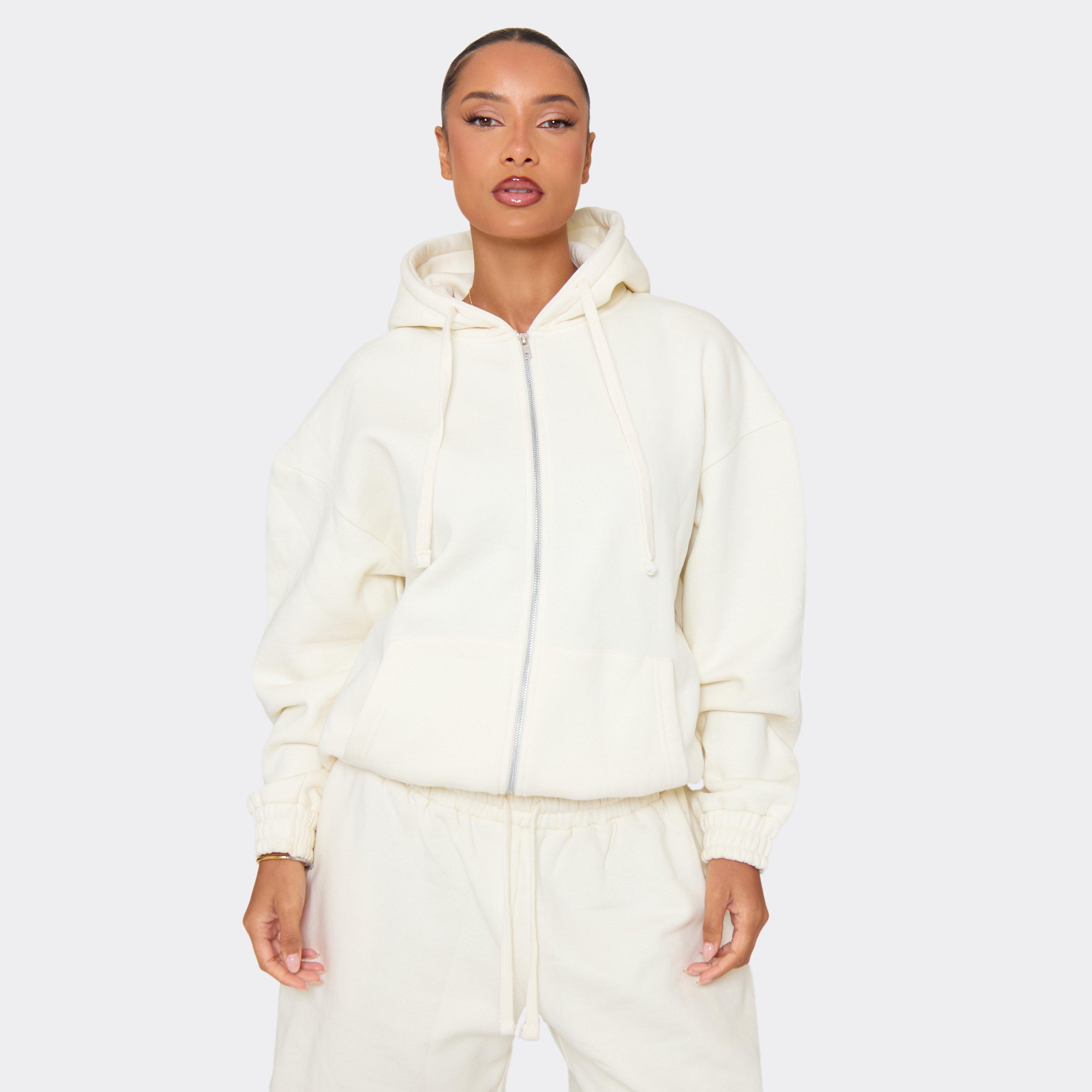 Oversized Zip Up Hoodie In Cream, Women's Size UK 8
