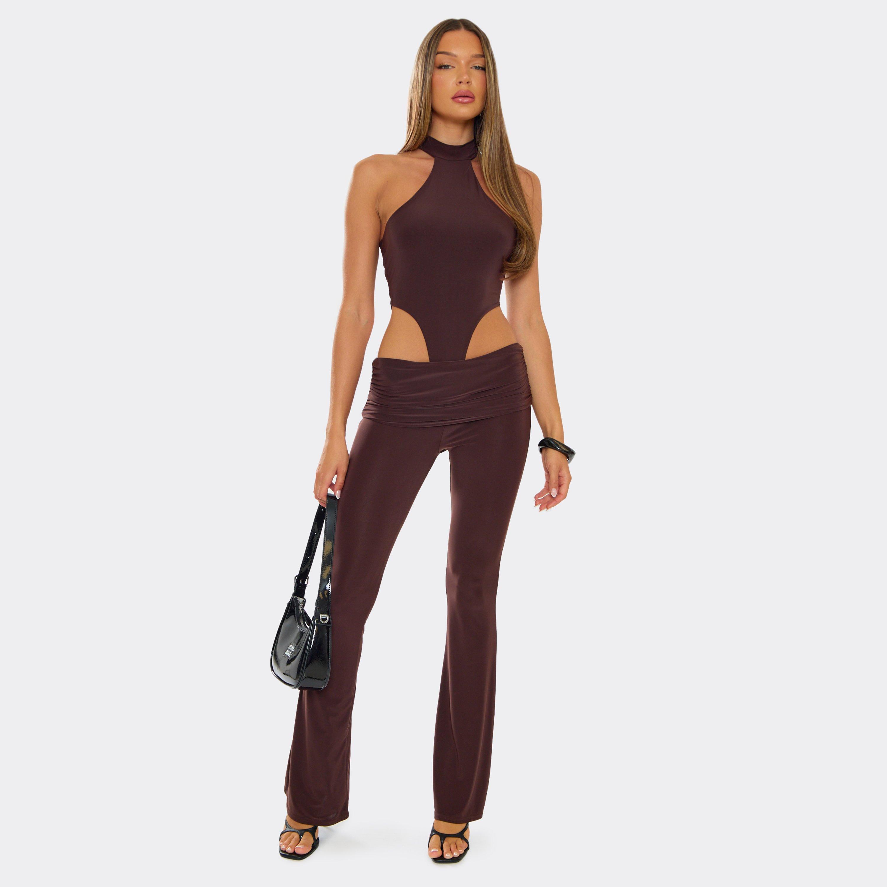 Image of Low Rise Ruched Fold Over Flared Leg Trousers In Chocolate Brown, Women's