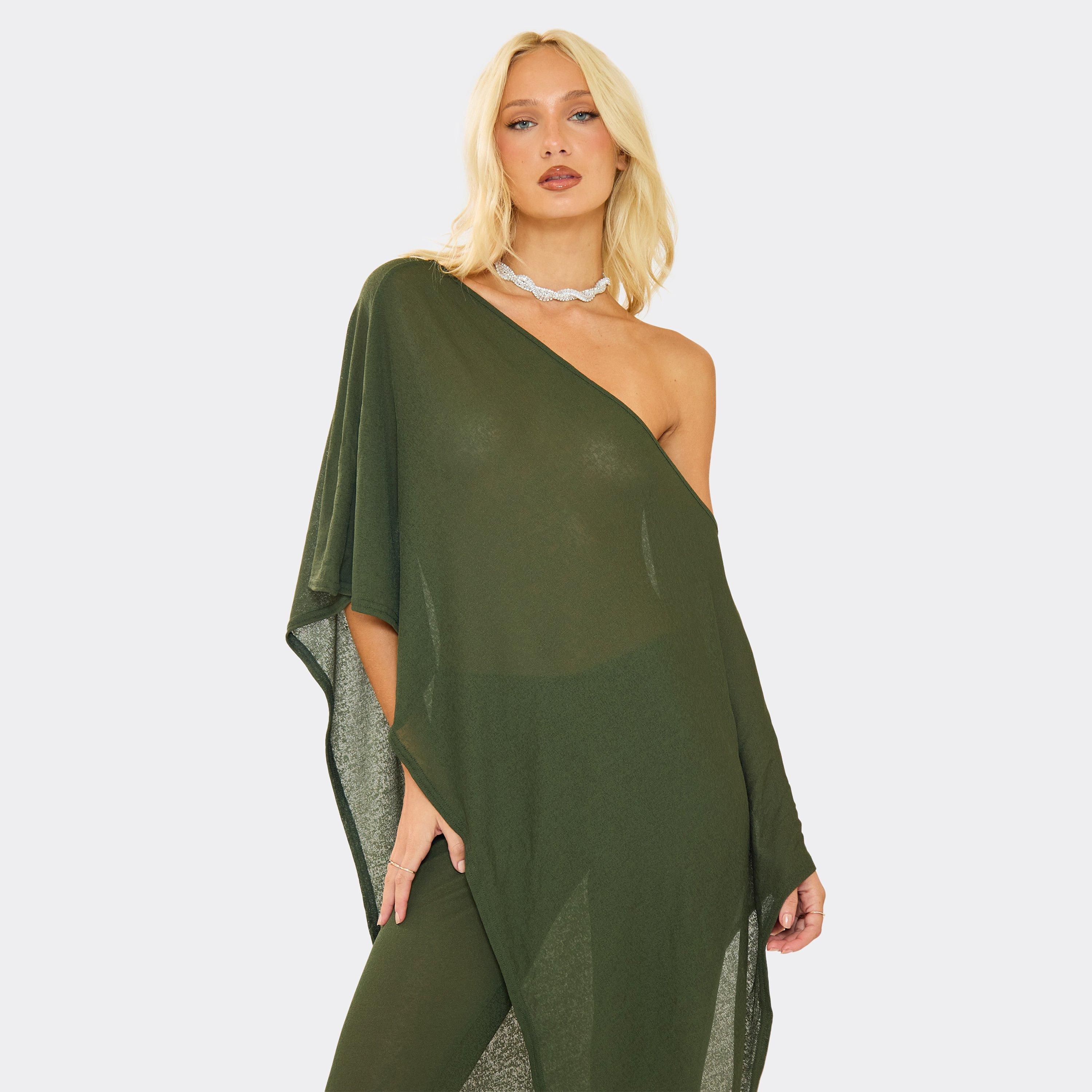 Asymmetric Longline Cape Top In Khaki Green, Women's Size UK 6