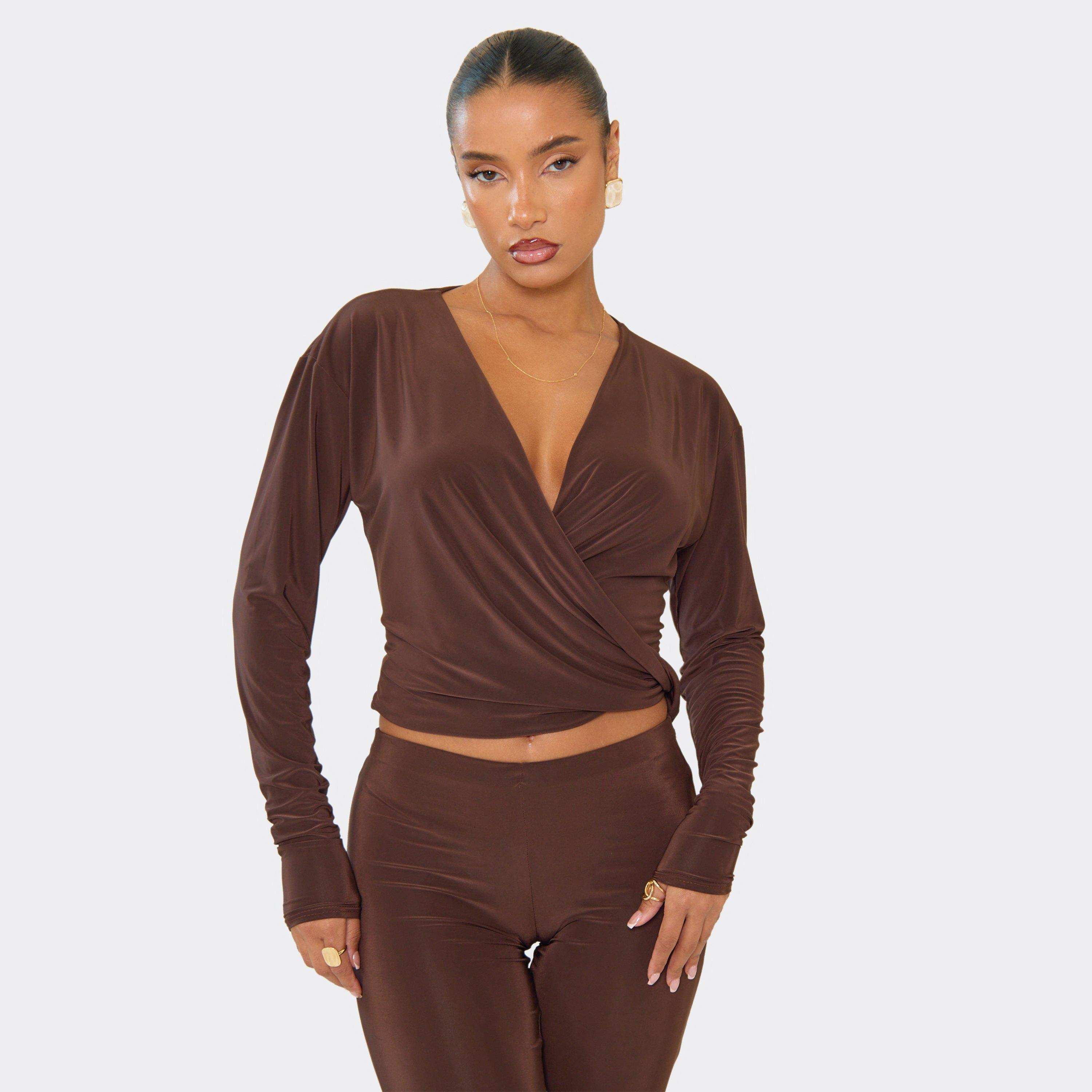 Image of Long Sleeve Cross Over Cowl Neck Top In Chocolate Brown, Women's