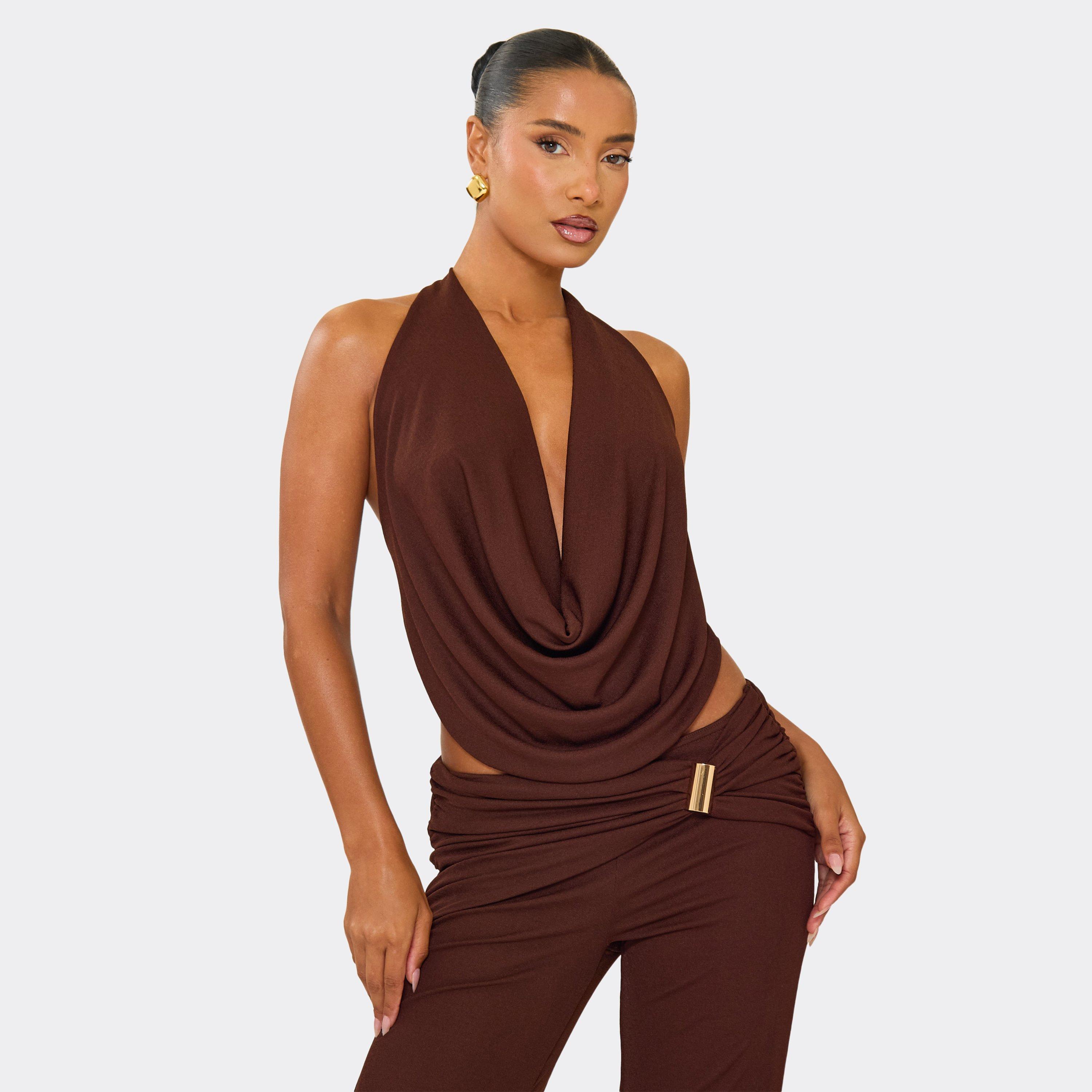 Cowl Neck Tie Back Detail Top In Chocolate Brown, Women's Size UK 14