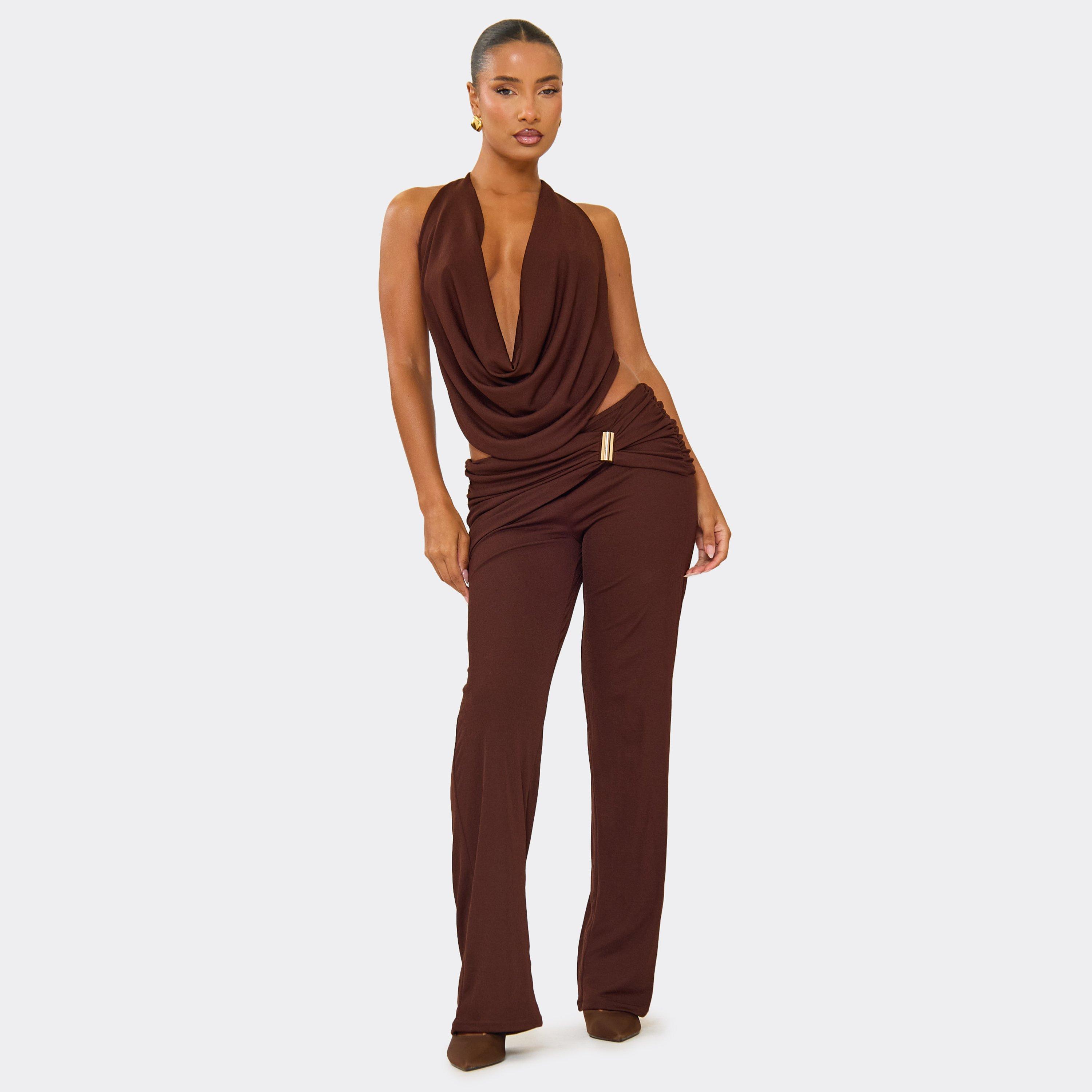 Image of Ruched Panel Trim Detail Straight Leg Trousers In Chocolate Brown, Women's