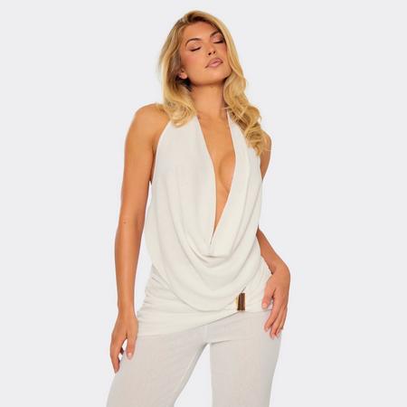 Cowl Neck Tie Back Detail Top In White, Women's Size US