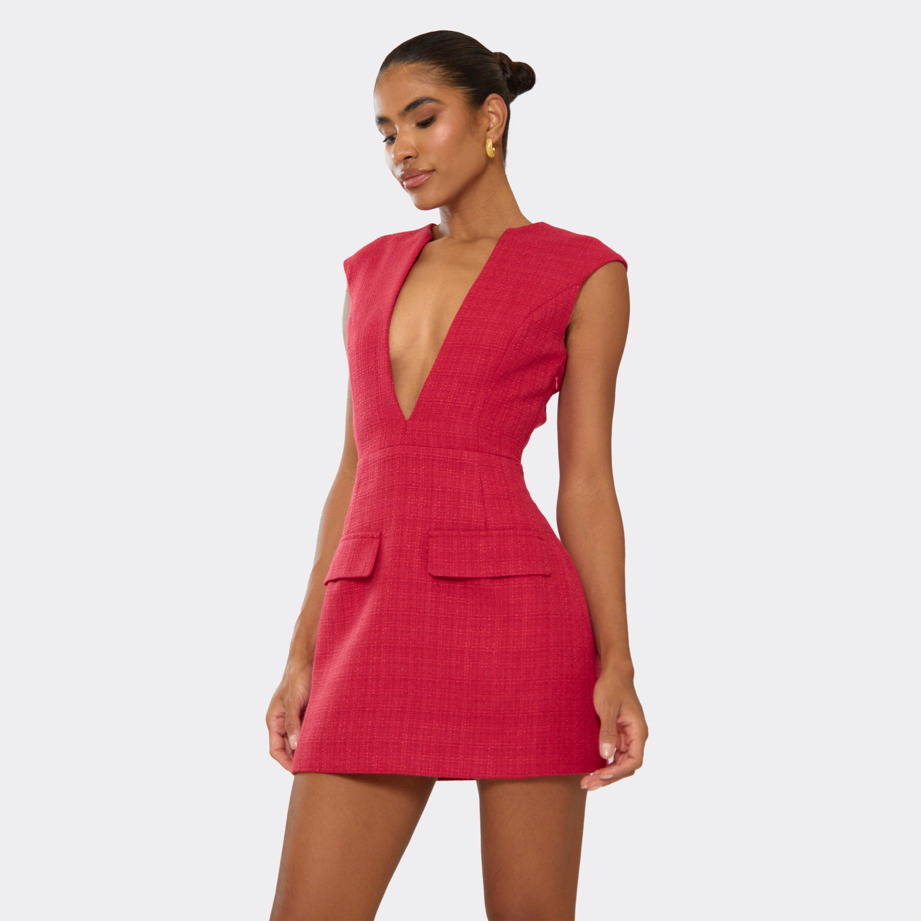 Sleeveless Plunge Front Pocket Detail Mini Dress In Red, Women's Size UK 8