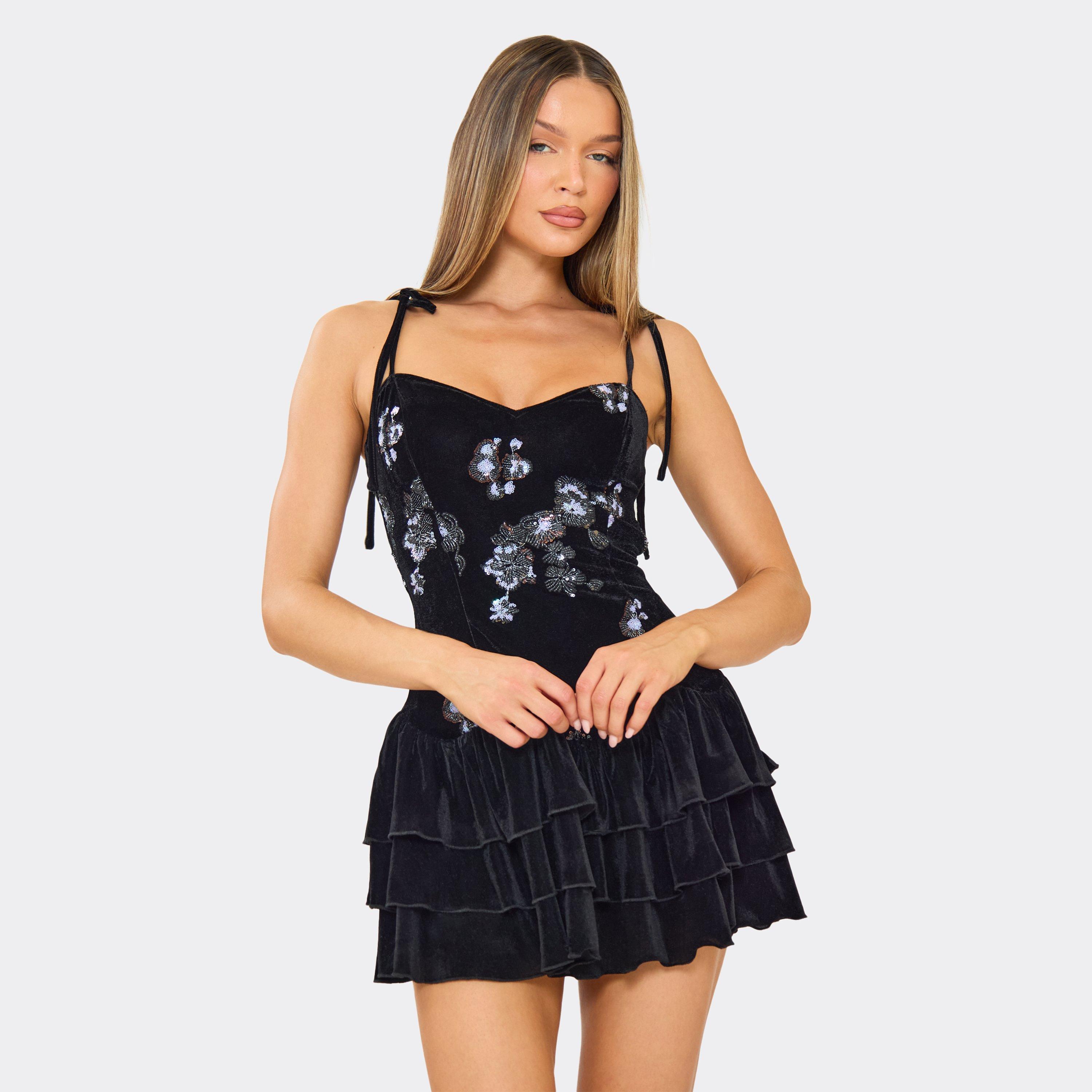 Tie Shoulder Floral Sequin Layered Hem Detail Mini Dress In Black Velvet, Women’s