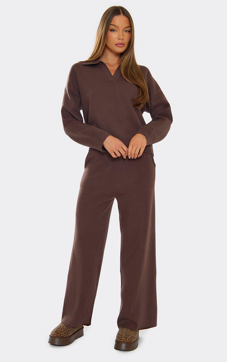 Long Sleeve V Neck Top And Trousers Co-Ord Set In Chocolate Brown