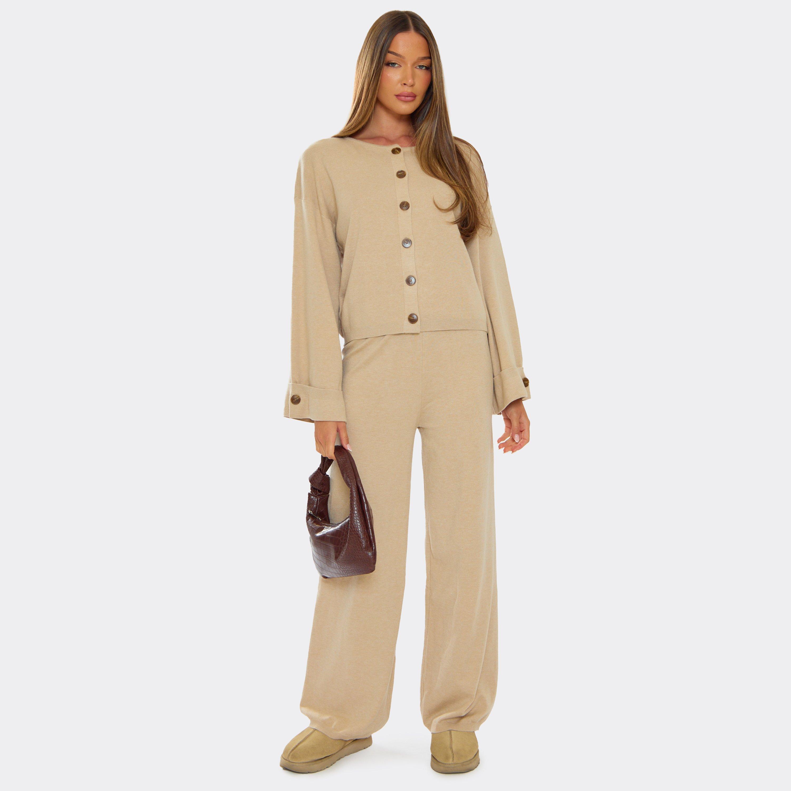 Mid Rise Wide Leg Trousers In Beige Compact Knit, Women’s/L