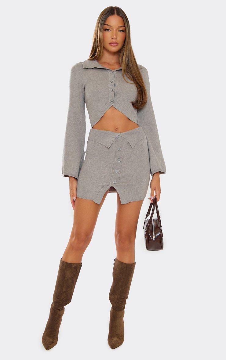 Fold Over Button Detail Mini Skirt In Grey Compact Knit | EGO UK | EGO
