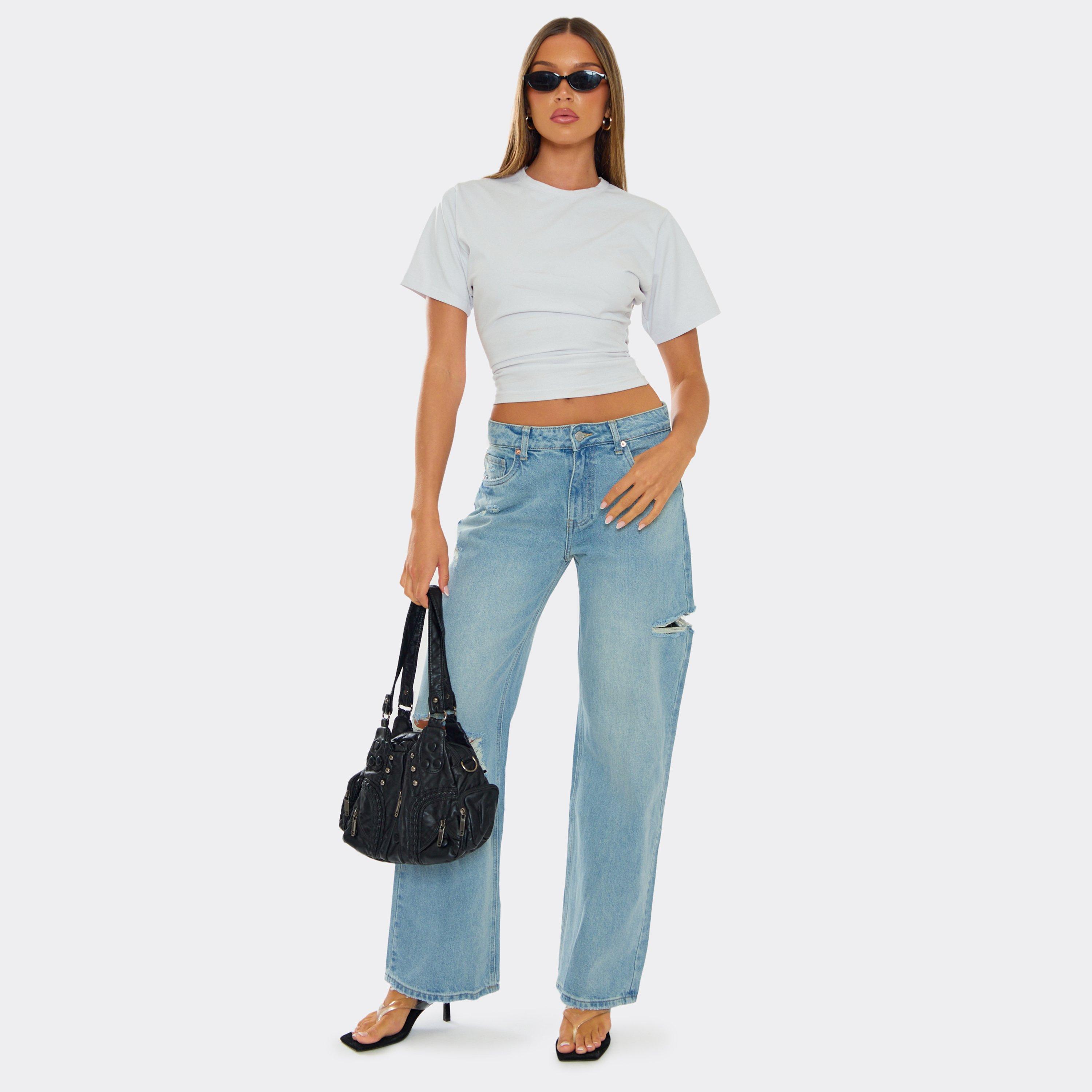 Mid Rise Distressed Knee Straight Leg Jeans In Light Blue Wash Denim, Women’s