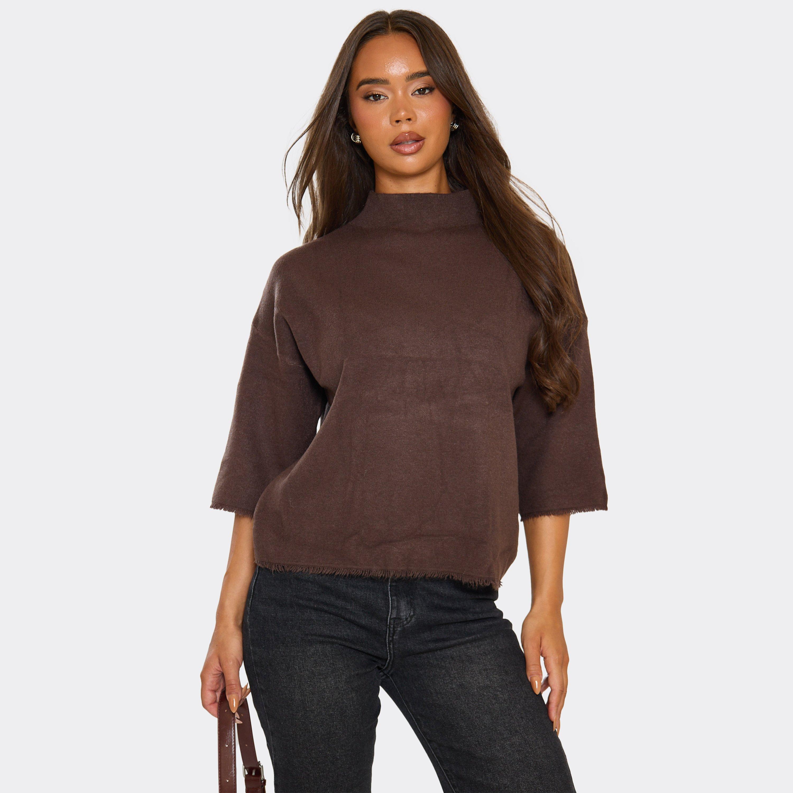 High Neck Batwing Frayed Hem Detail Top In Chocolate Brown Compact Knit, Women's Size UK M/L