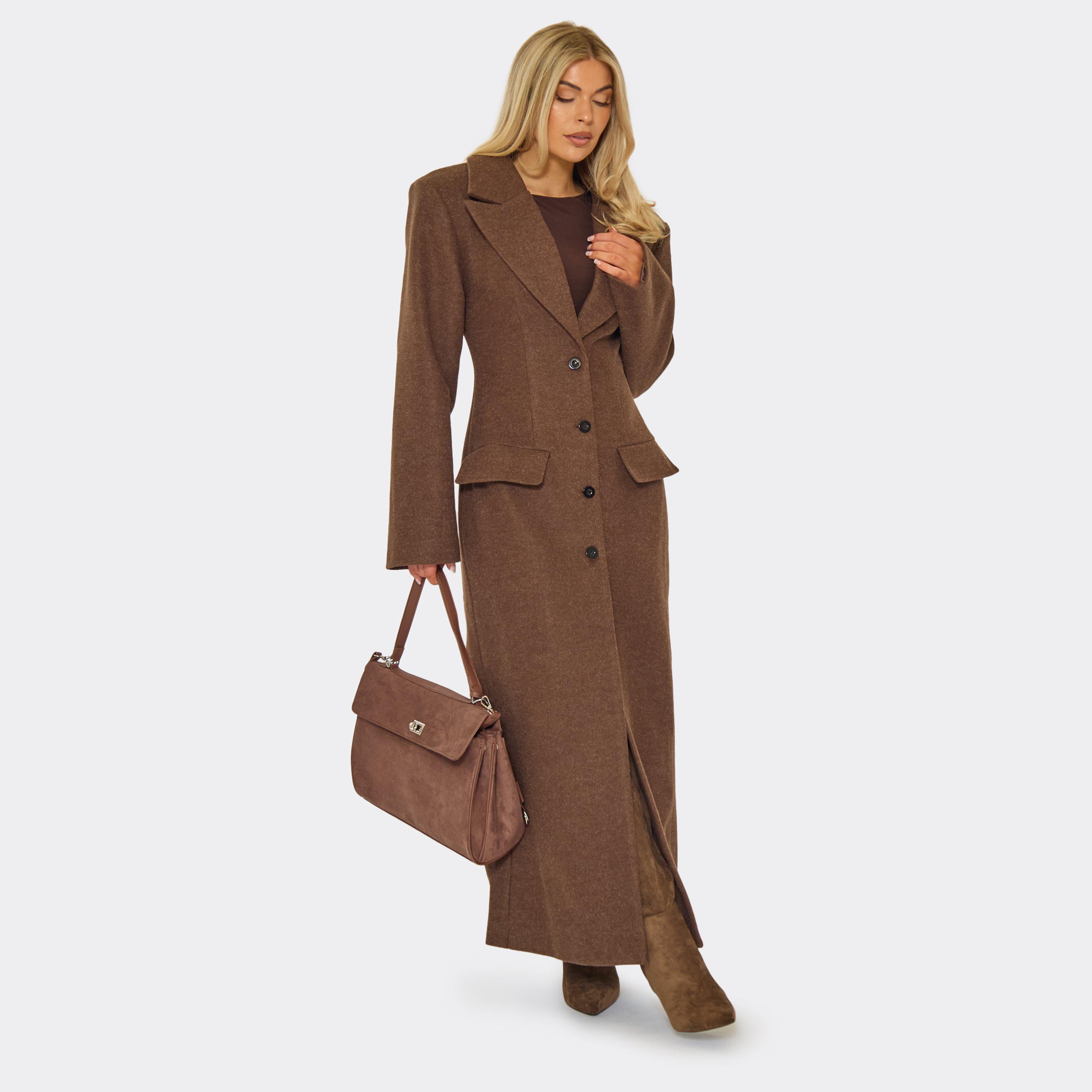 Long Sleeve Cinched Waist Blazer Wool Look Maxi Coat In Chocolate Brown, Women's Size UK 6