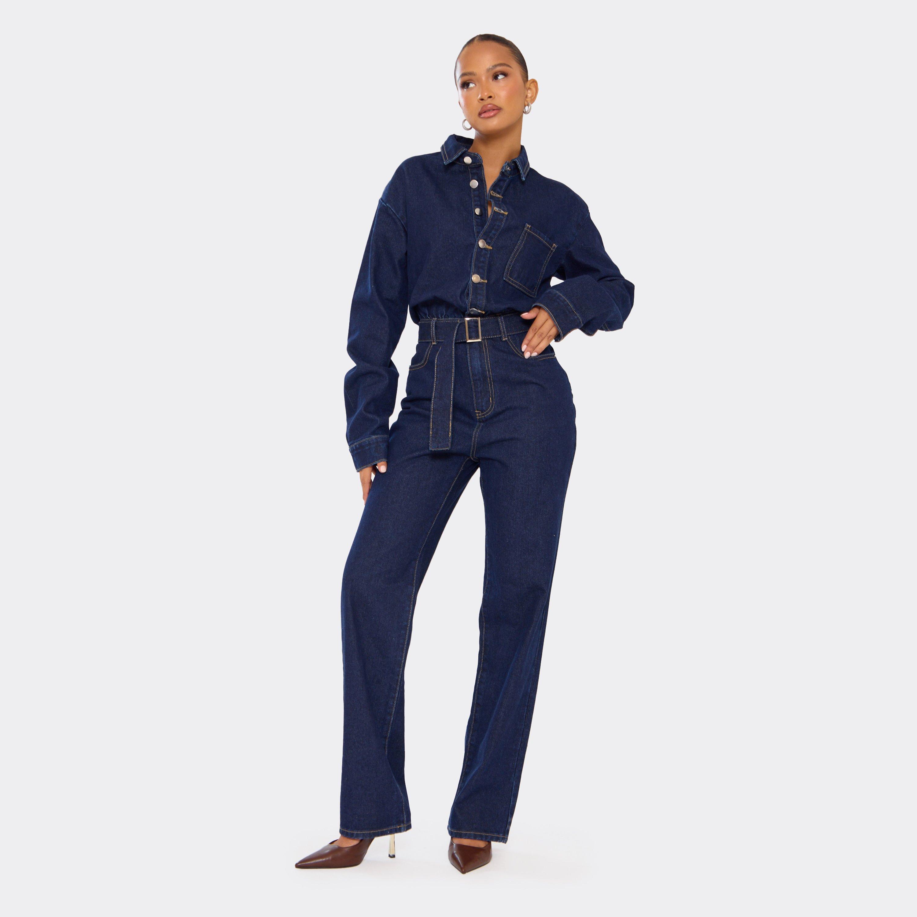 Long Sleeve Collared Button Down Detail Jumpsuit In Indigo Blue Denim, Women's Size UK 8