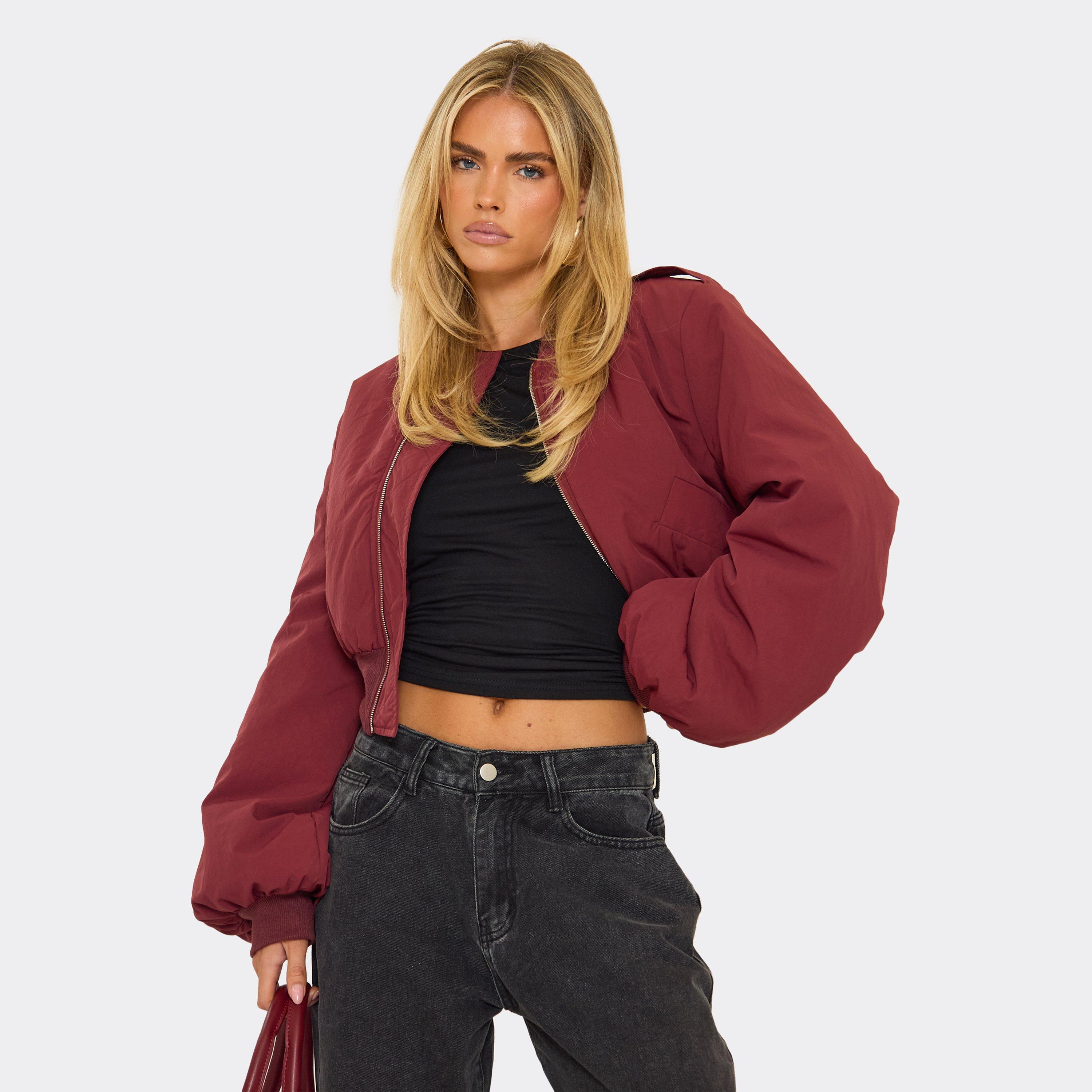 Long Sleeve Oversized Padded Crop Bomber Jacket In Burgundy, Women’s