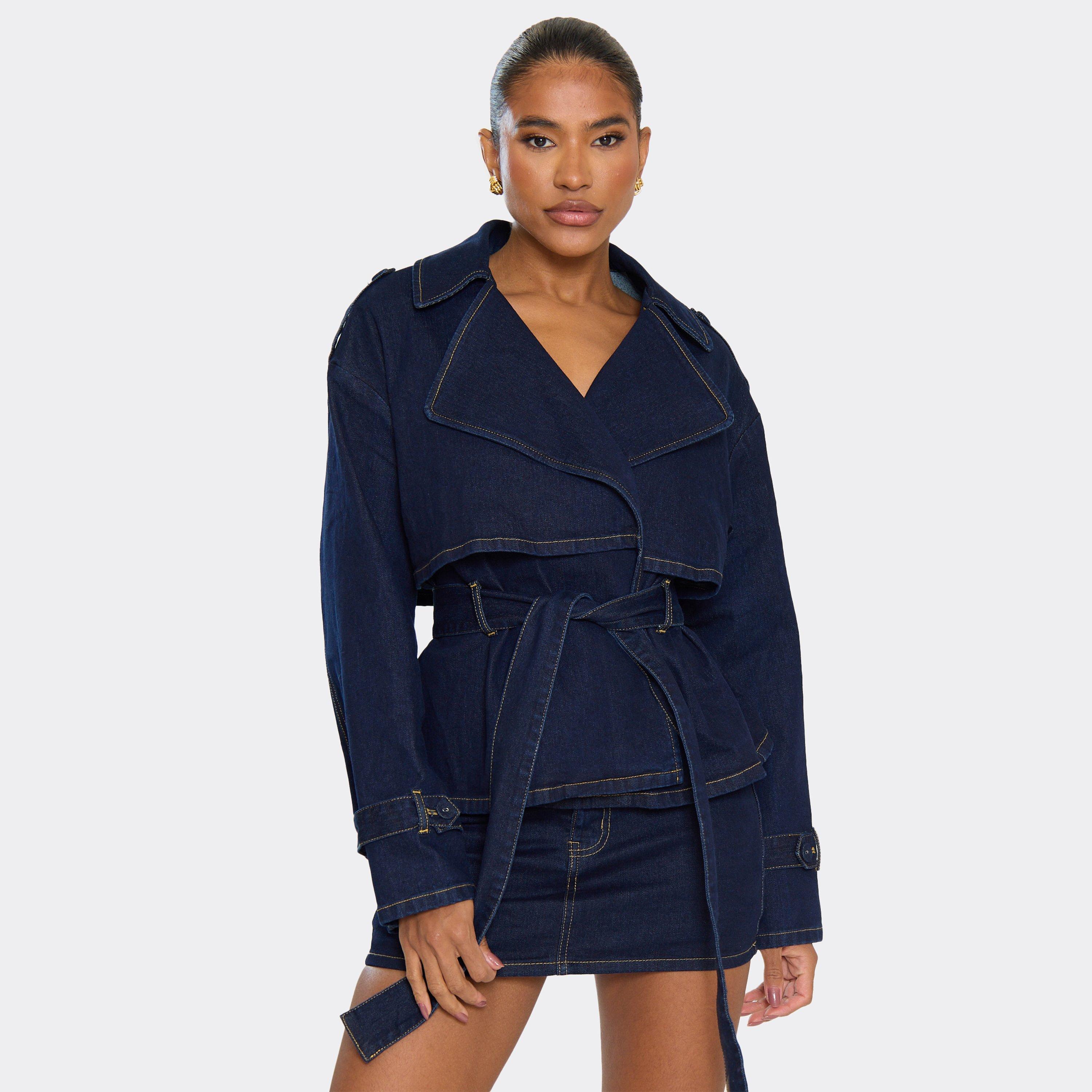 Long Sleeve Belted Detail Trench Jacket In Indigo Blue Denim, Women’s