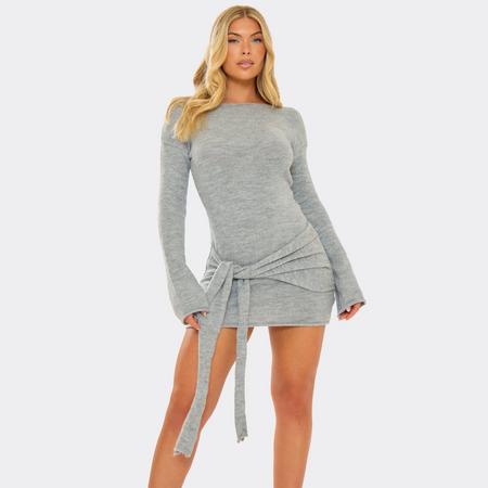 Long Flared Sleeve Drape Detail Mini Bodycon Dress In Grey Knit, Women's Size US