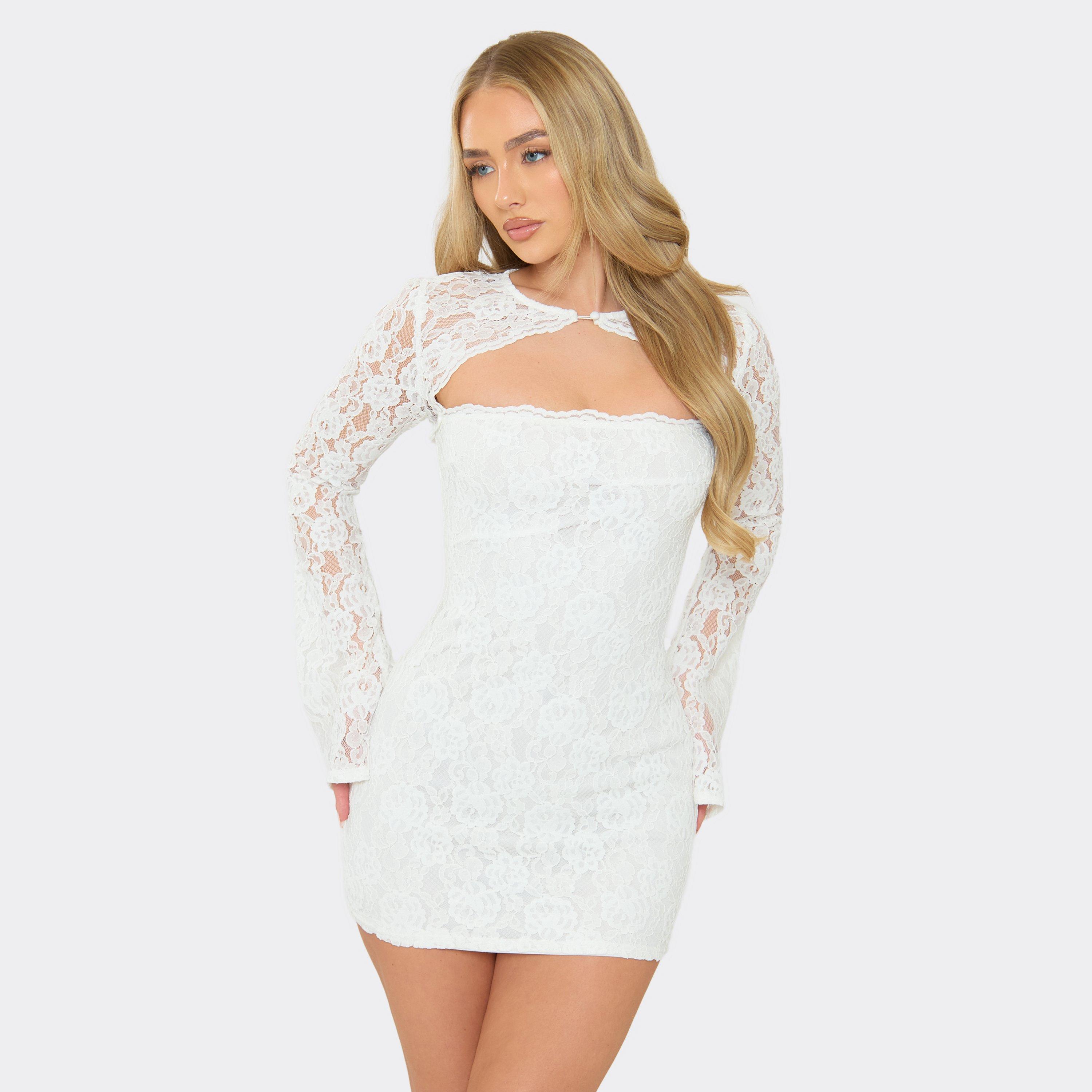 Long Sleeve Button Cut Out Detail Mini Dress In White Lace, Women's Size UK 8