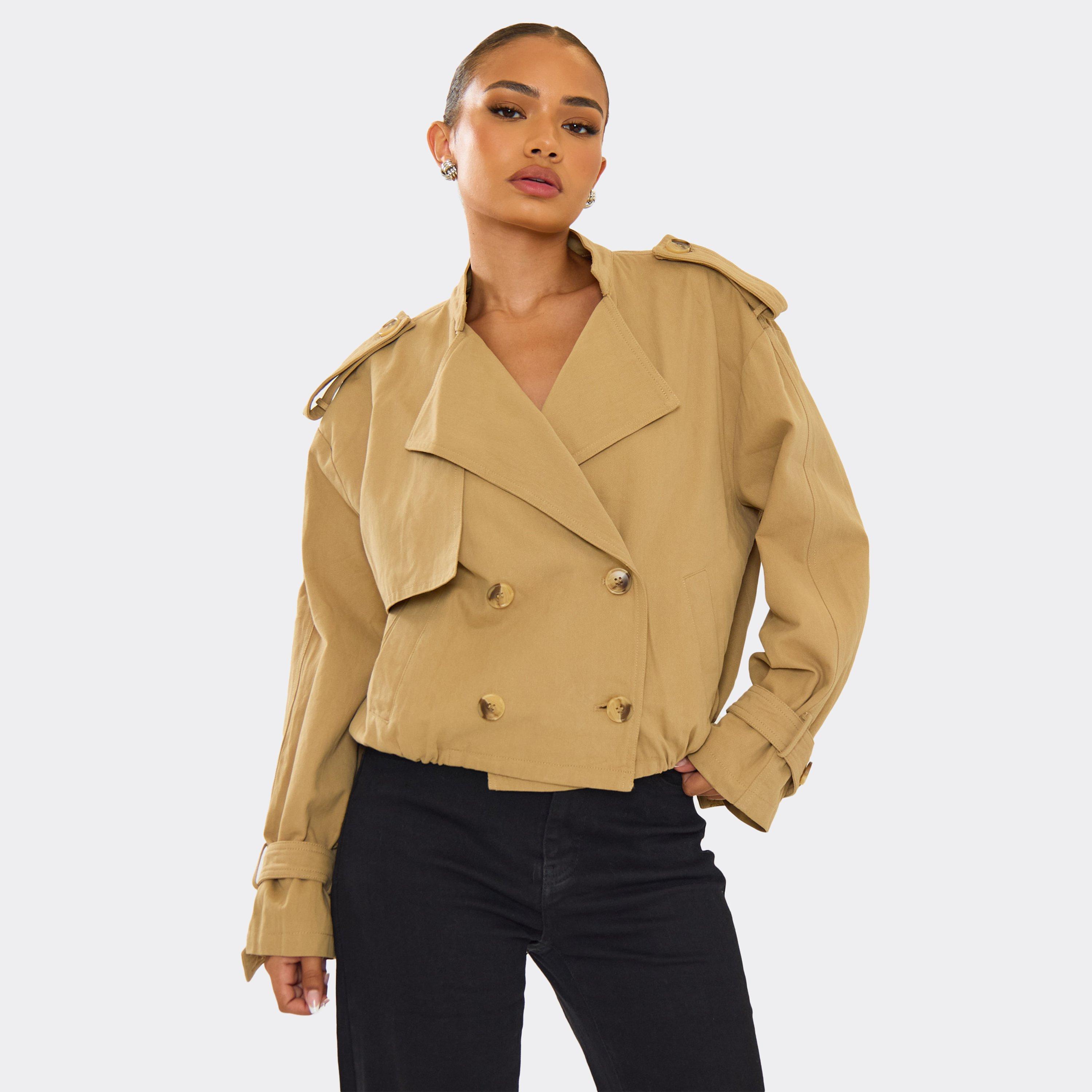 Long Sleeve Pocket Detail Cropped Trench Coat In Beige, Women's Size UK 6