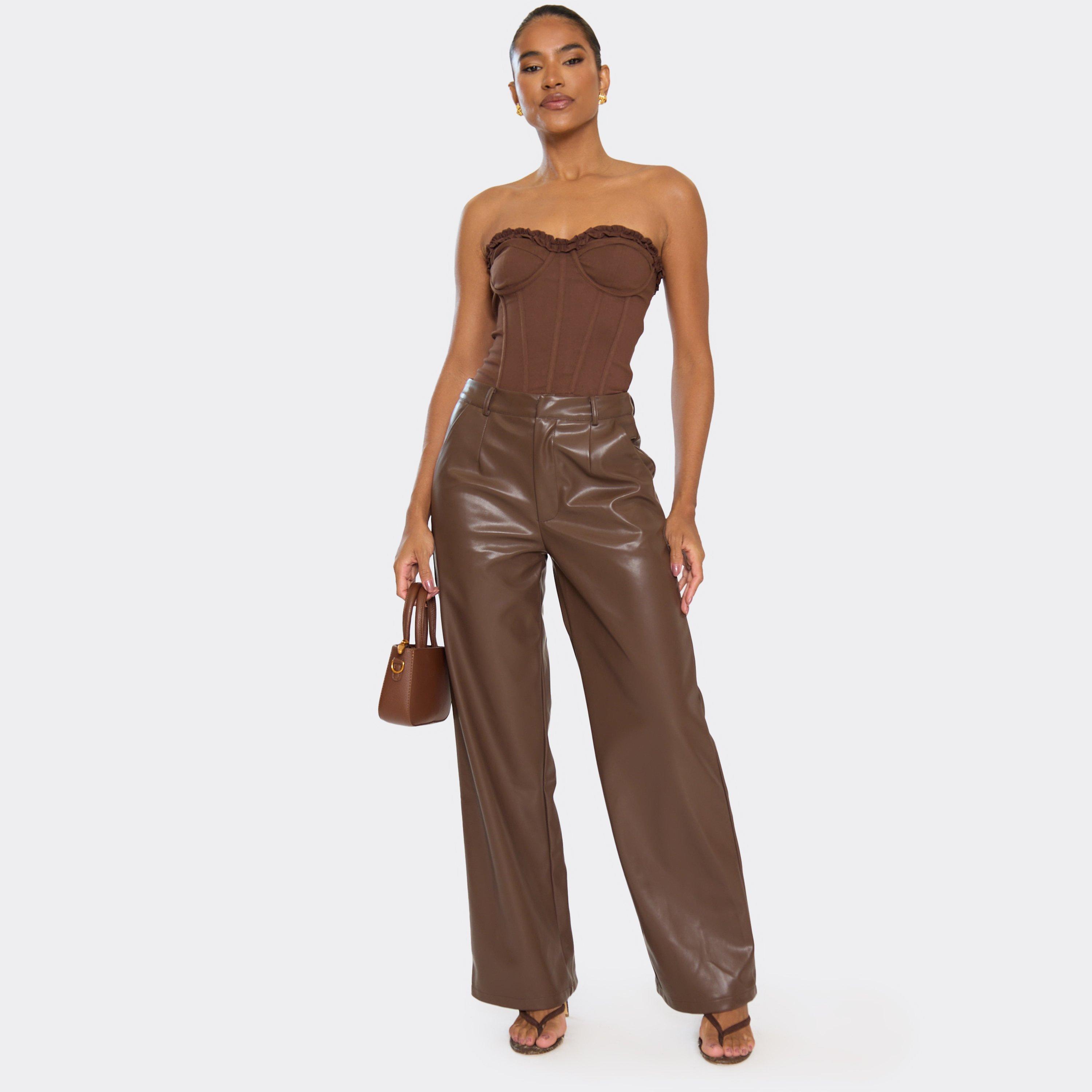 Image of Mid Rise Tailored Trousers In Chocolate Brown Faux Leather, Women's