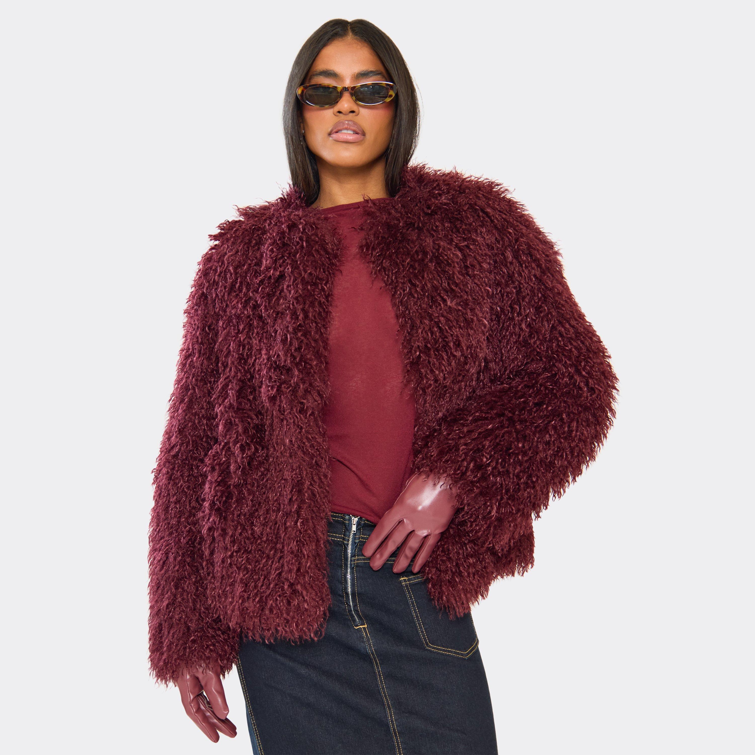 Long Sleeve Collarless Detail Coat In Burgundy Shaggy Faux Fur, Women's Size UK 10