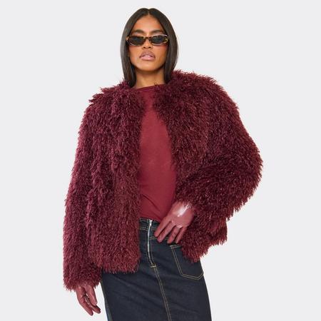 Long Sleeve Collarless Detail Coat In Burgundy Shaggy Faux Fur, Women's Size US