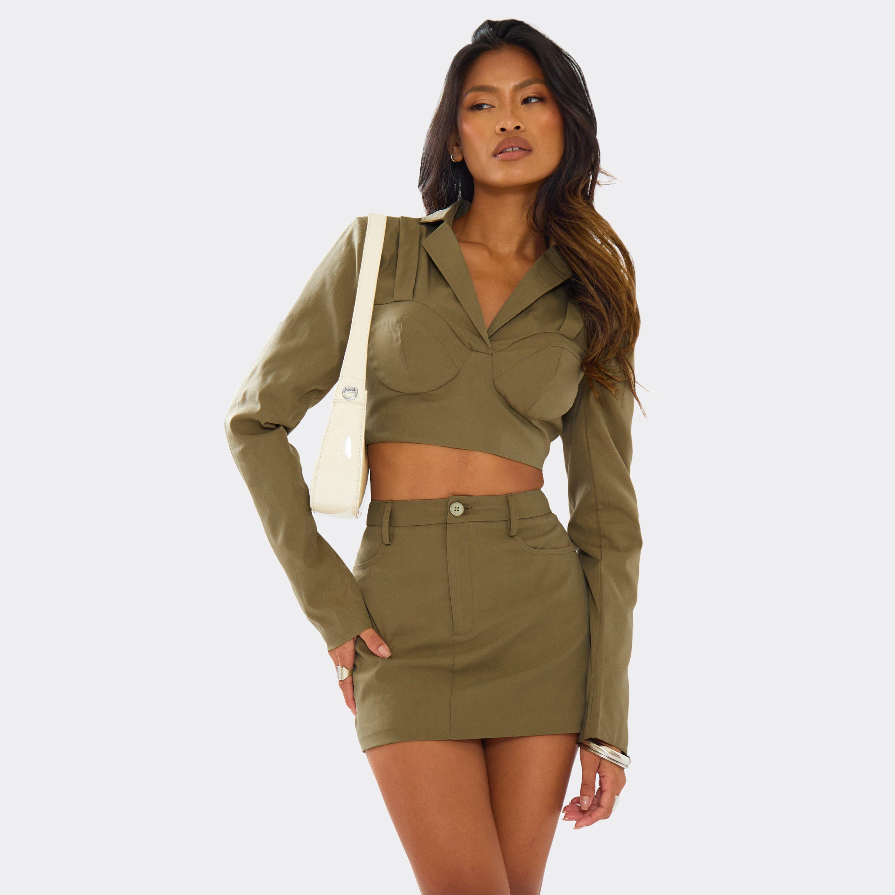 Long Sleeve Bust Detail Cropped Blazer In Khaki Green, Women’s
