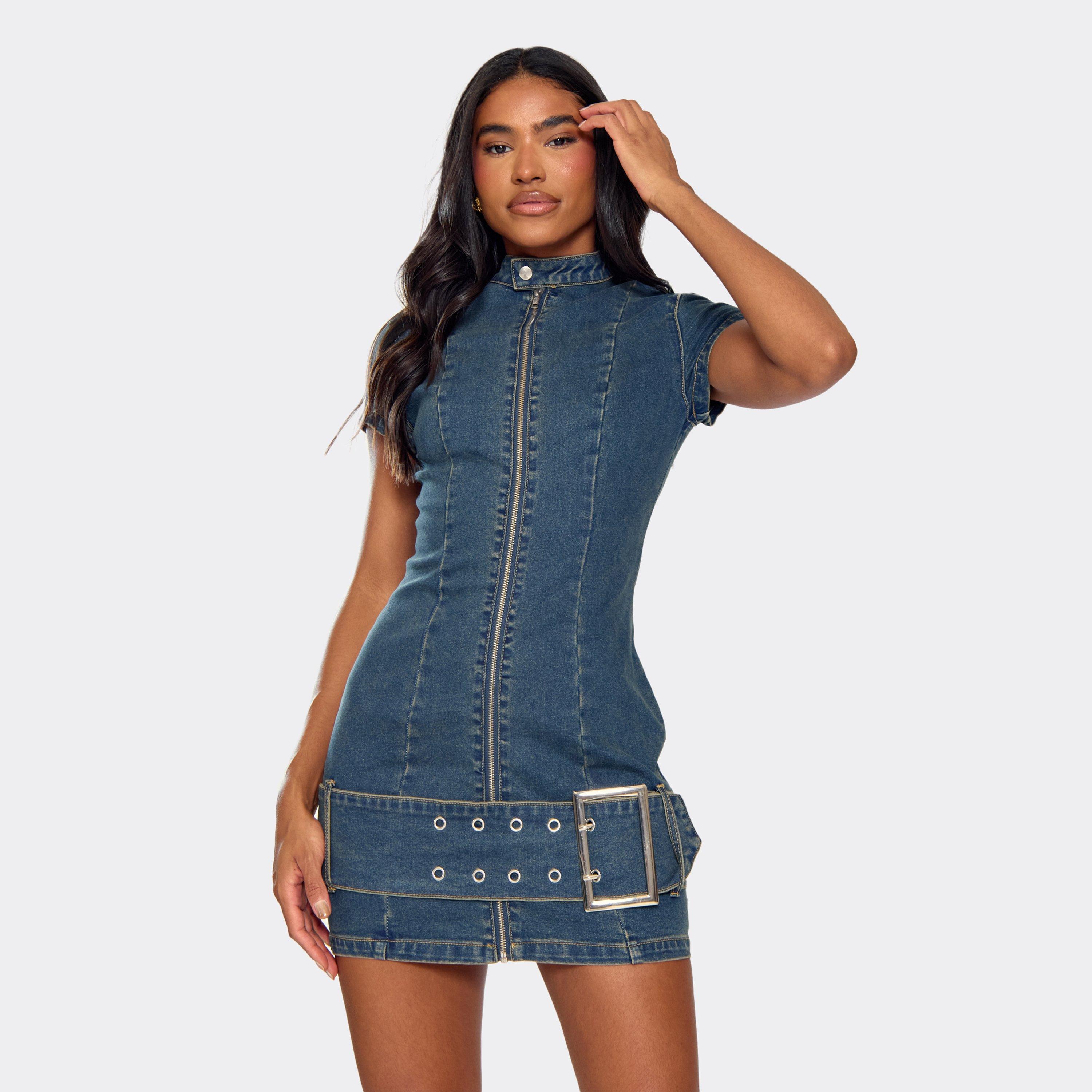 High Neck Belt Detail Zip Down Fitted Mini Dress In Blue Denim, Women’s