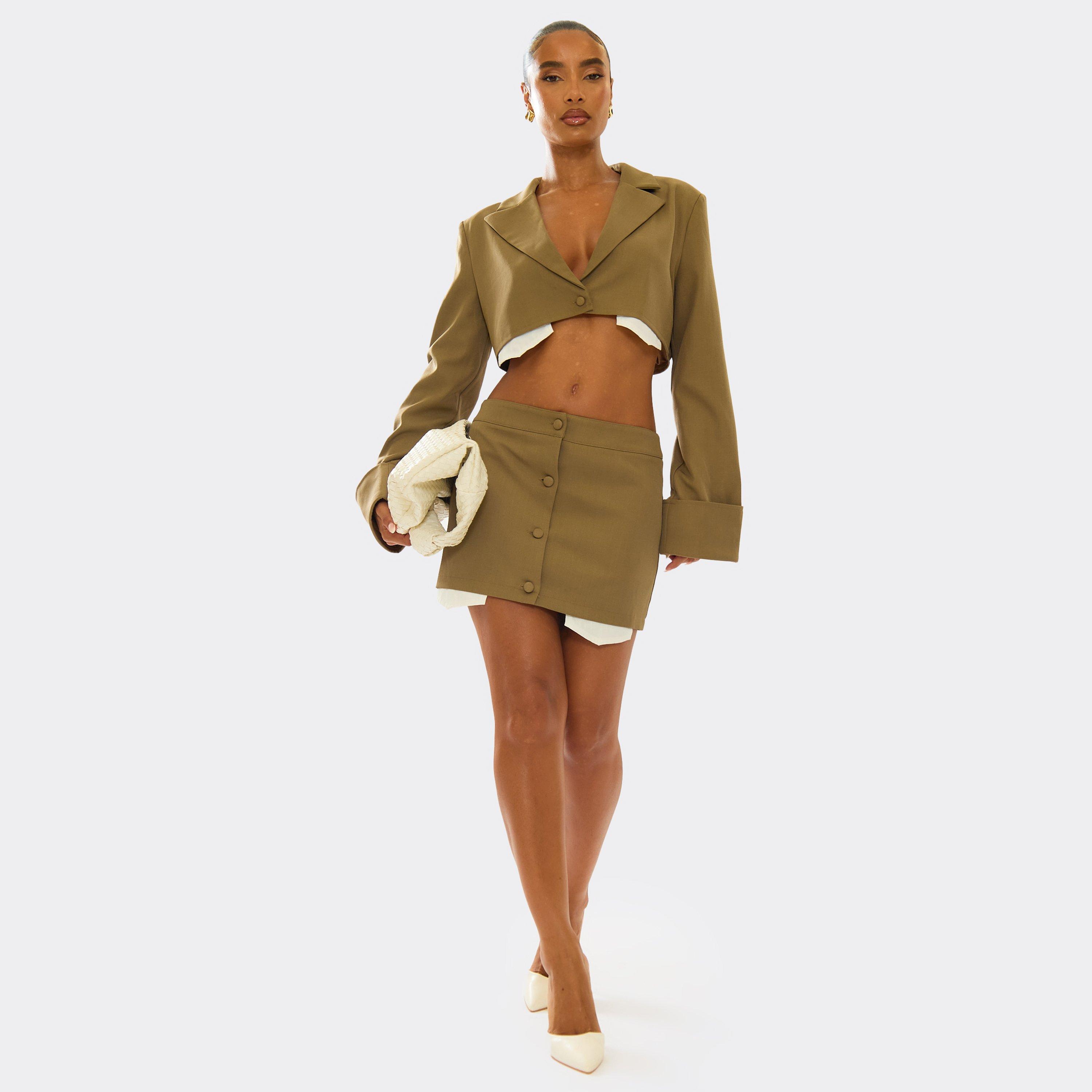 Image of Button Front Pocket Detail Shirt Hem Skirt In Khaki, Women's
