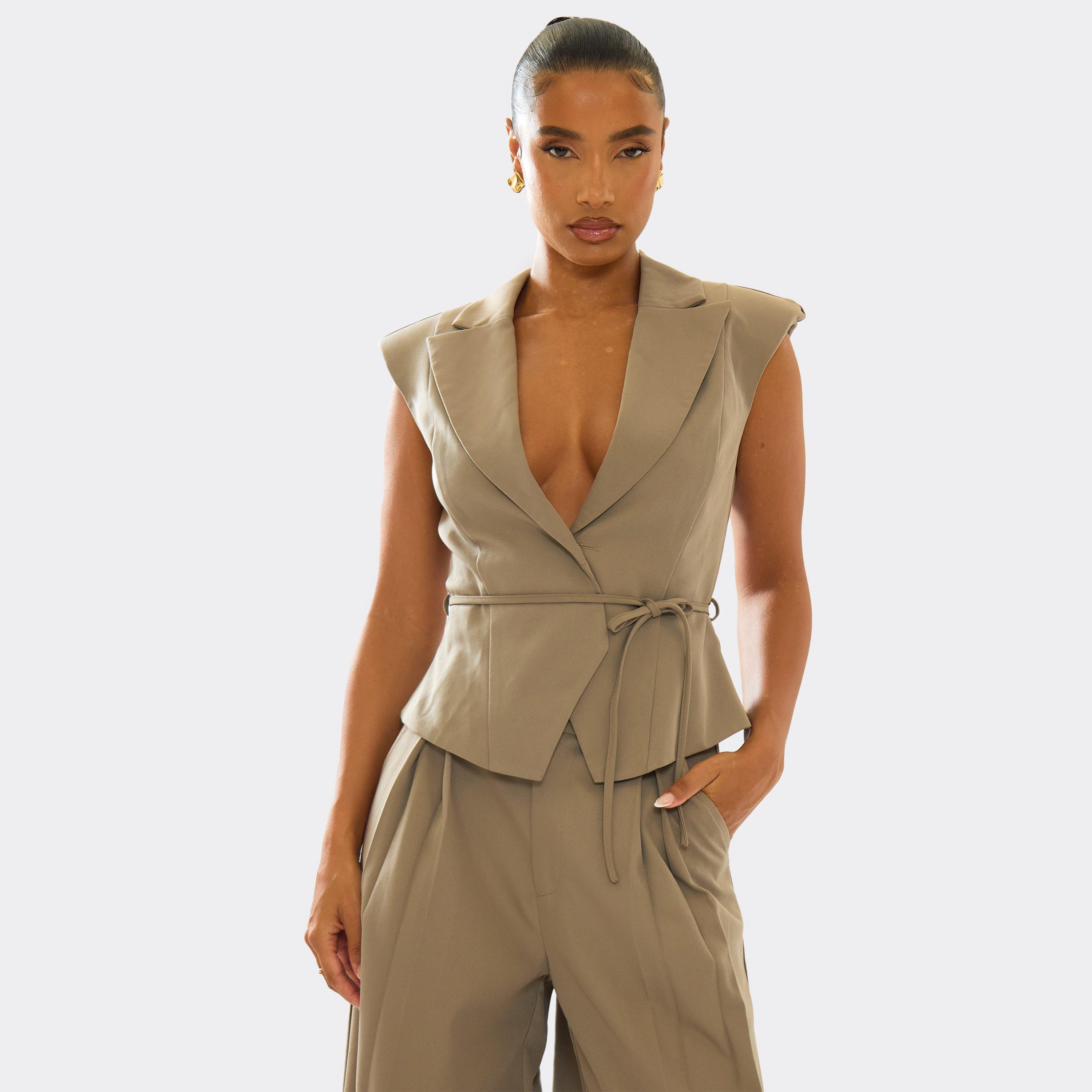 Shoulder Pad Belted Tie Waist Sleeveless Waistcoat In Taupe, Women's Size UK 4