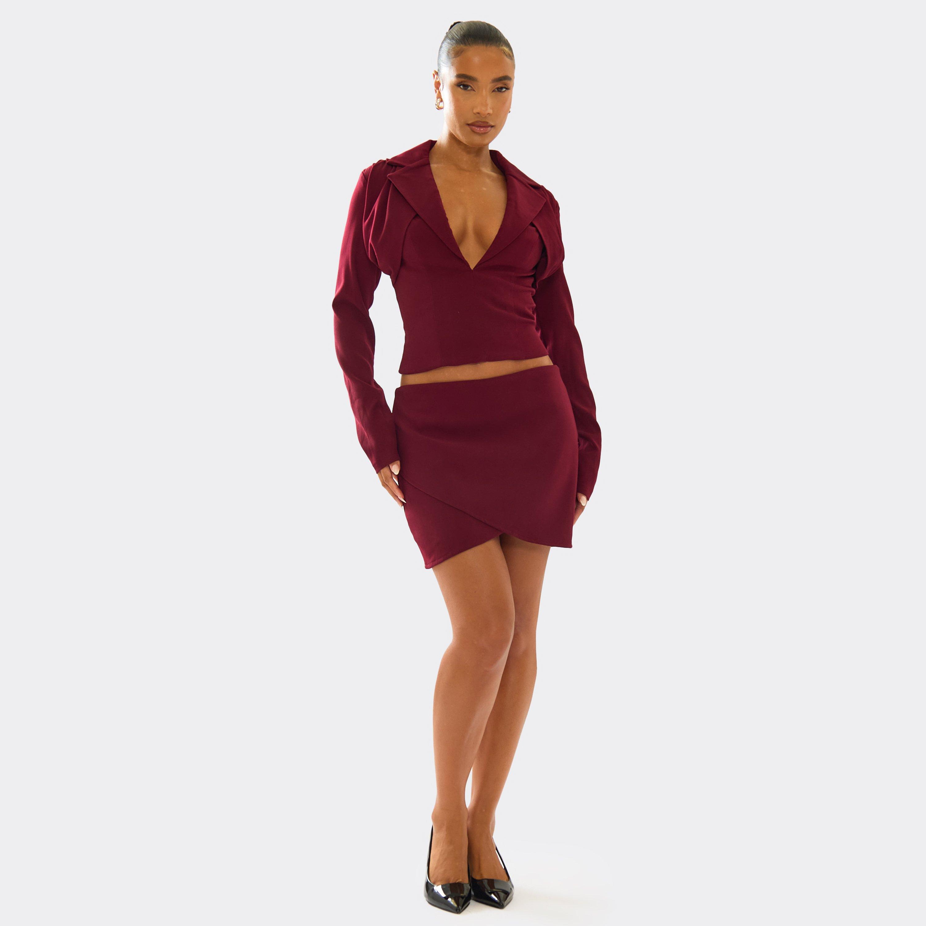 Mid Rise Wrap Front Tailored Mini Skirt In Plum, Women's Size UK 10