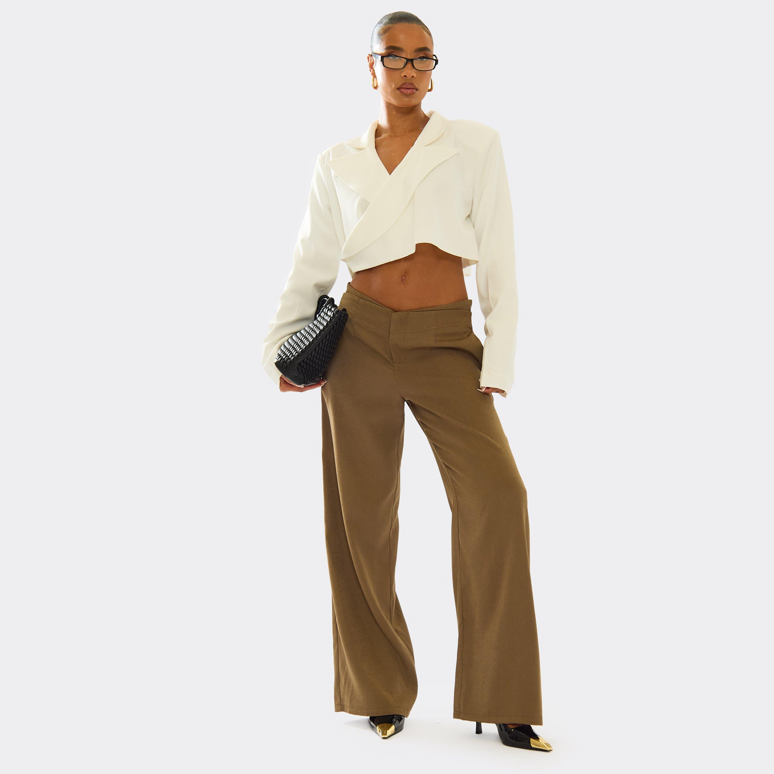 Double Waistband Straight Leg Tailored Trouser In Khaki, Women’s