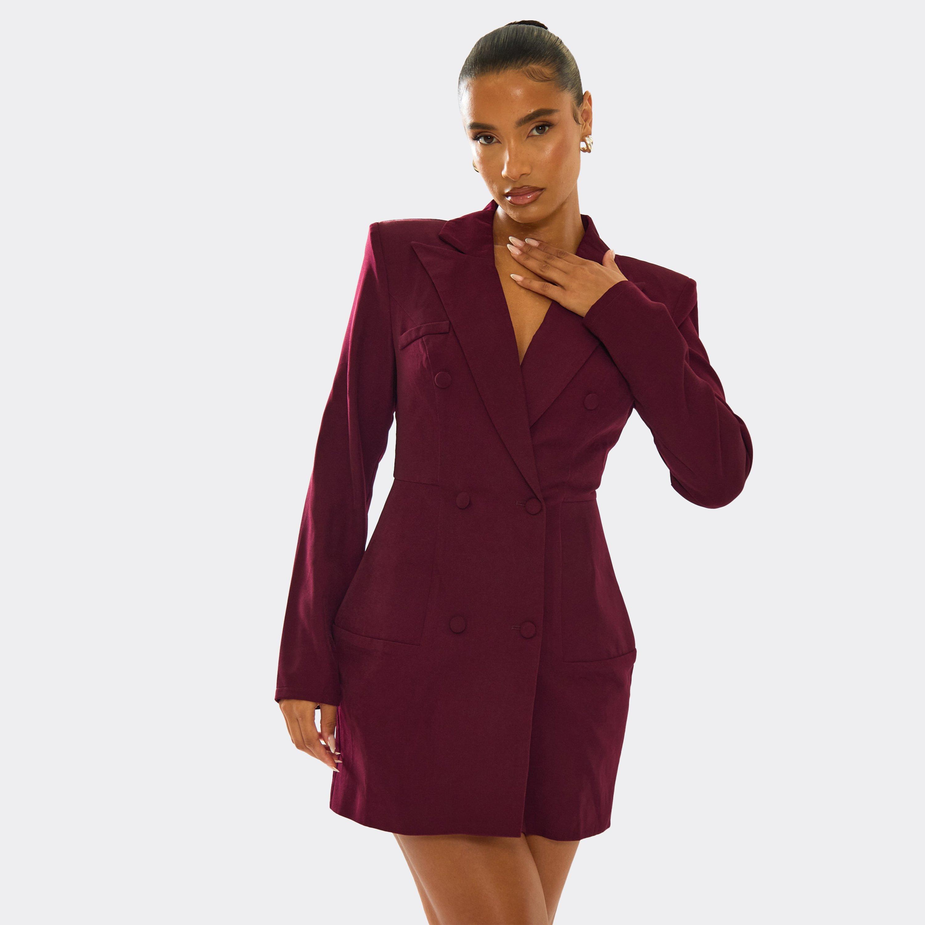 Long Sleeve Double Breasted Cinched Waist Blazer Dress In Plum, Women's Size UK 8