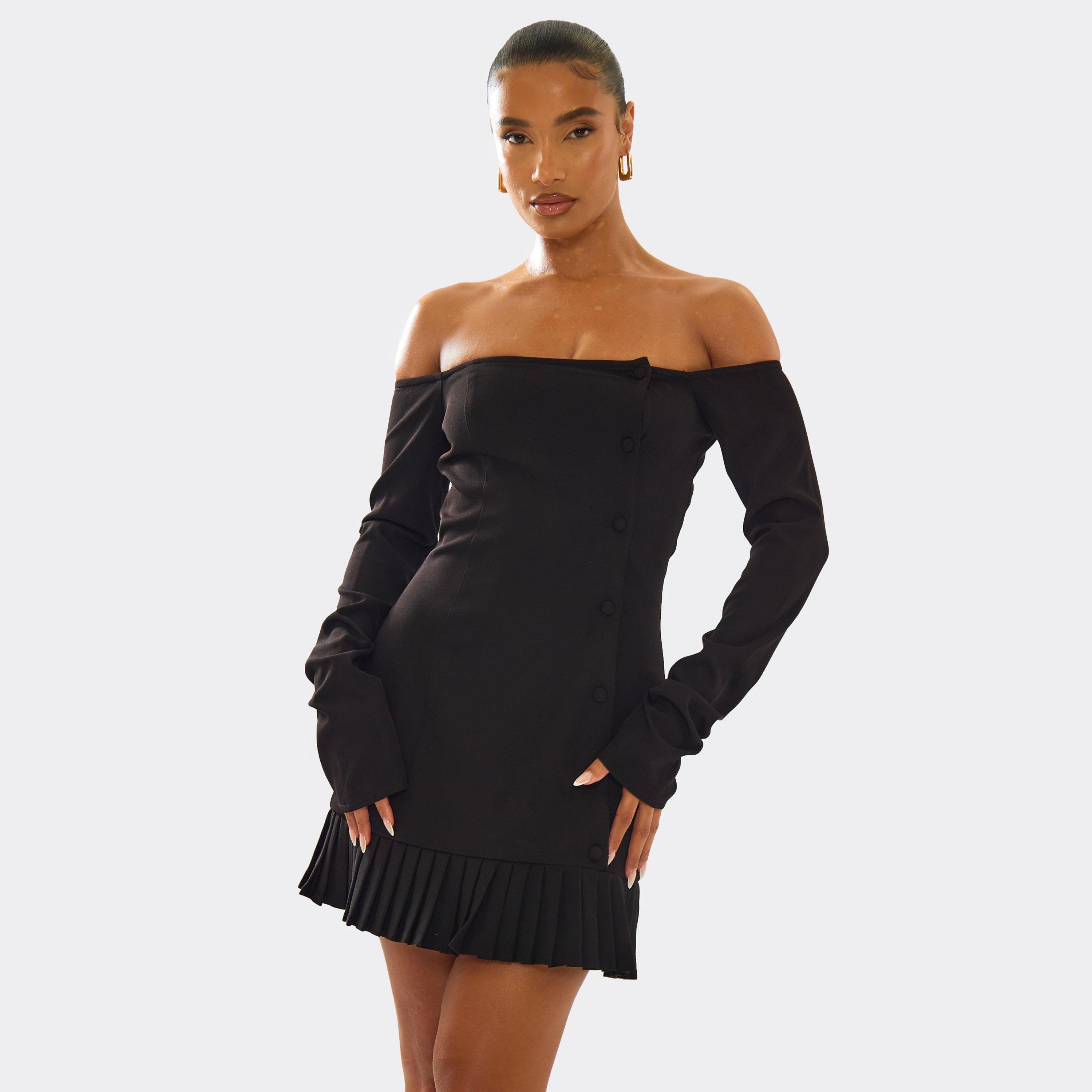 Bardot Long Sleeve Button Front Frill Hem Mini Dress In Black, Women’s