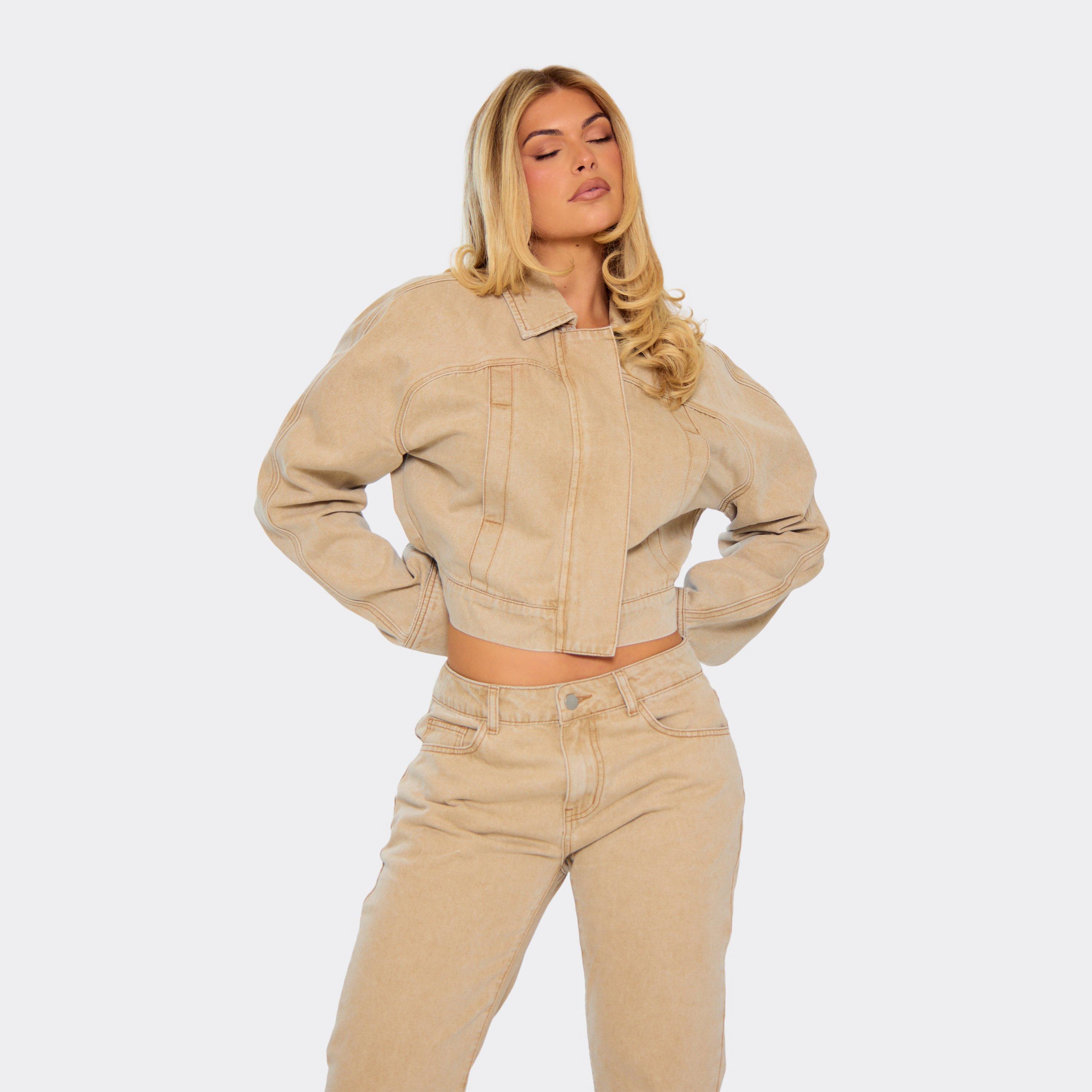 Long Sleeve Collared Oversized Cropped Jacket In Washed Stone Denim, Women’s