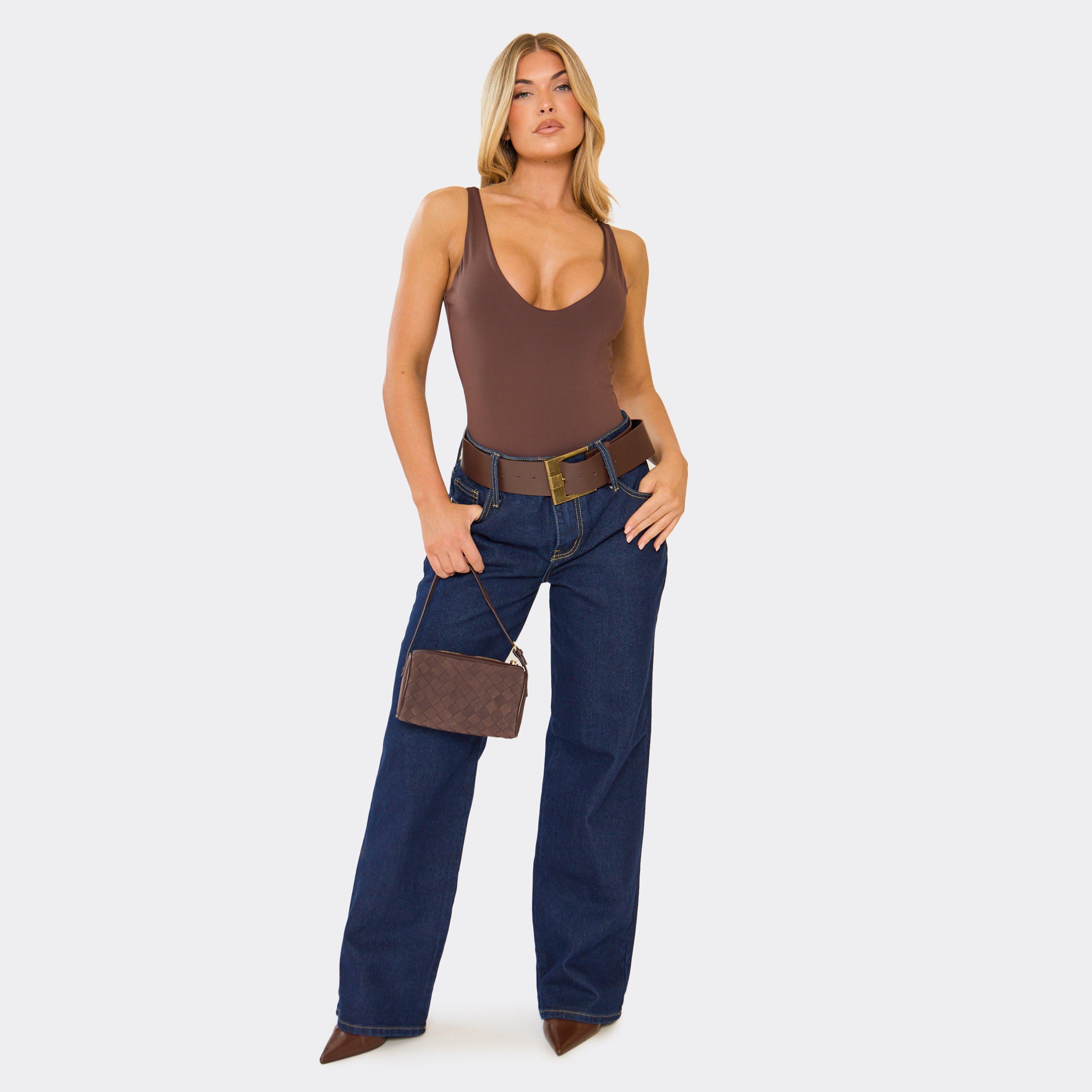 Low Rise Belted Straight Leg Jeans In Indigo Blue Denim, Women's Size UK 6