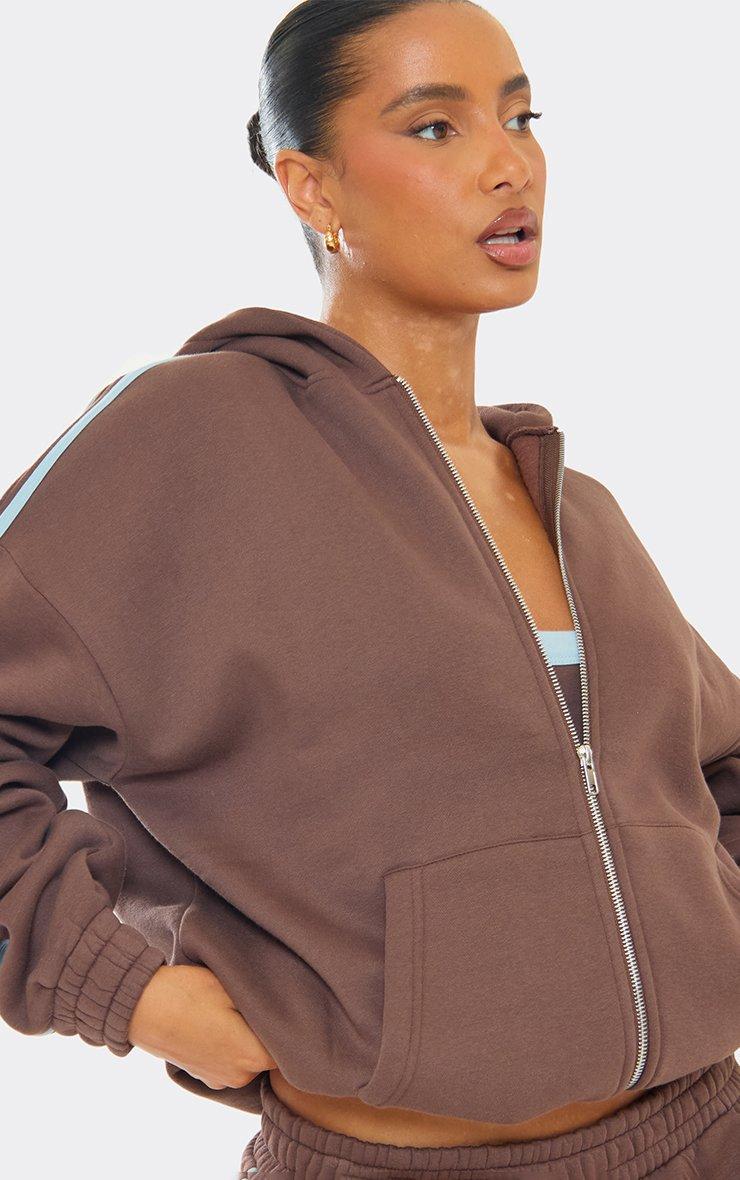 Long Sleeve Contrast Side Stripe Zip Up Oversized Hoodie In Brown