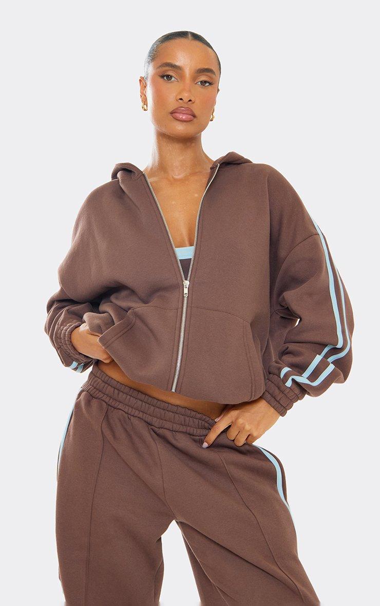 Long Sleeve Contrast Side Stripe Zip Up Oversized Hoodie In Brown