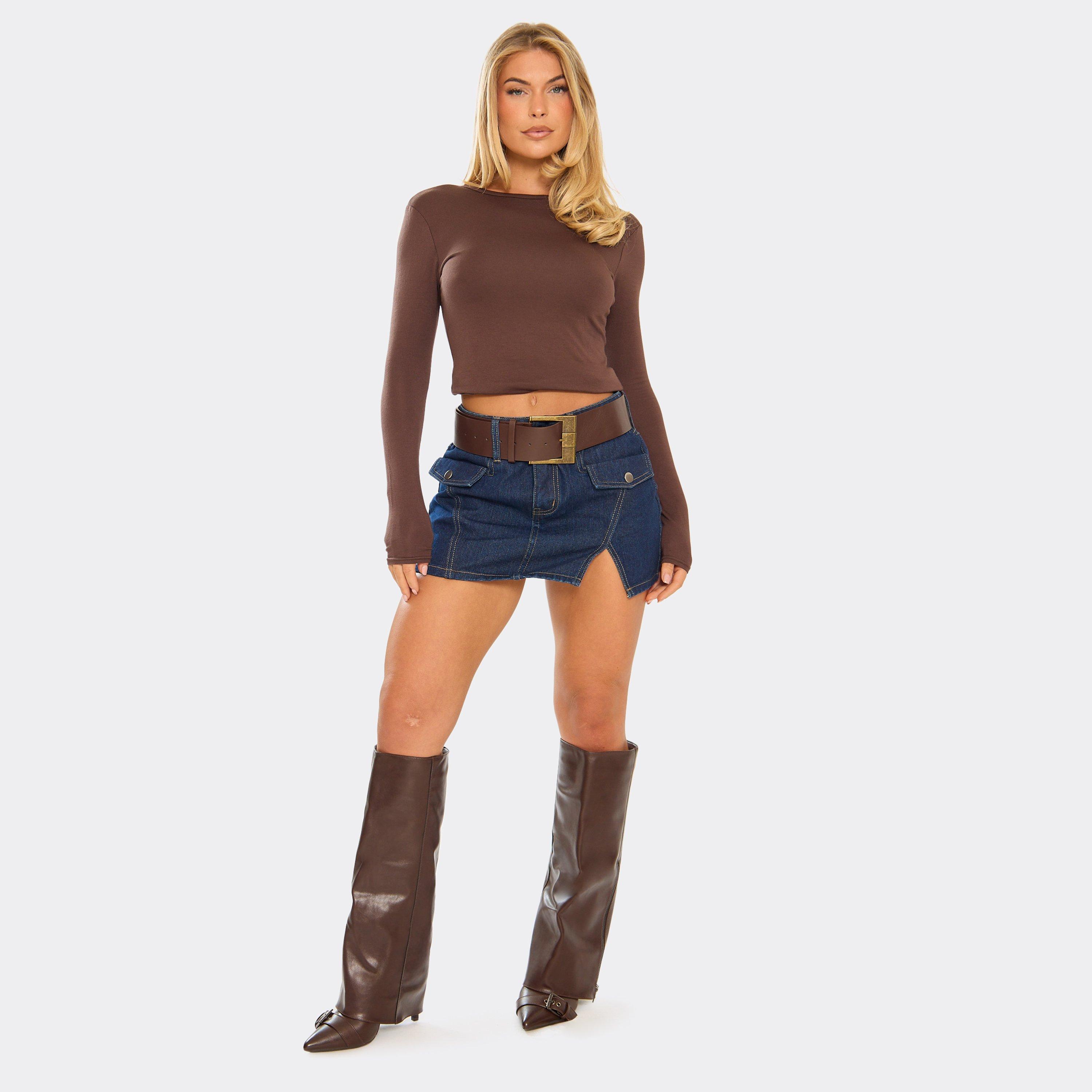 Belted Pocket Detail Mini Skirt In Indigo Blue Denim, Women’s