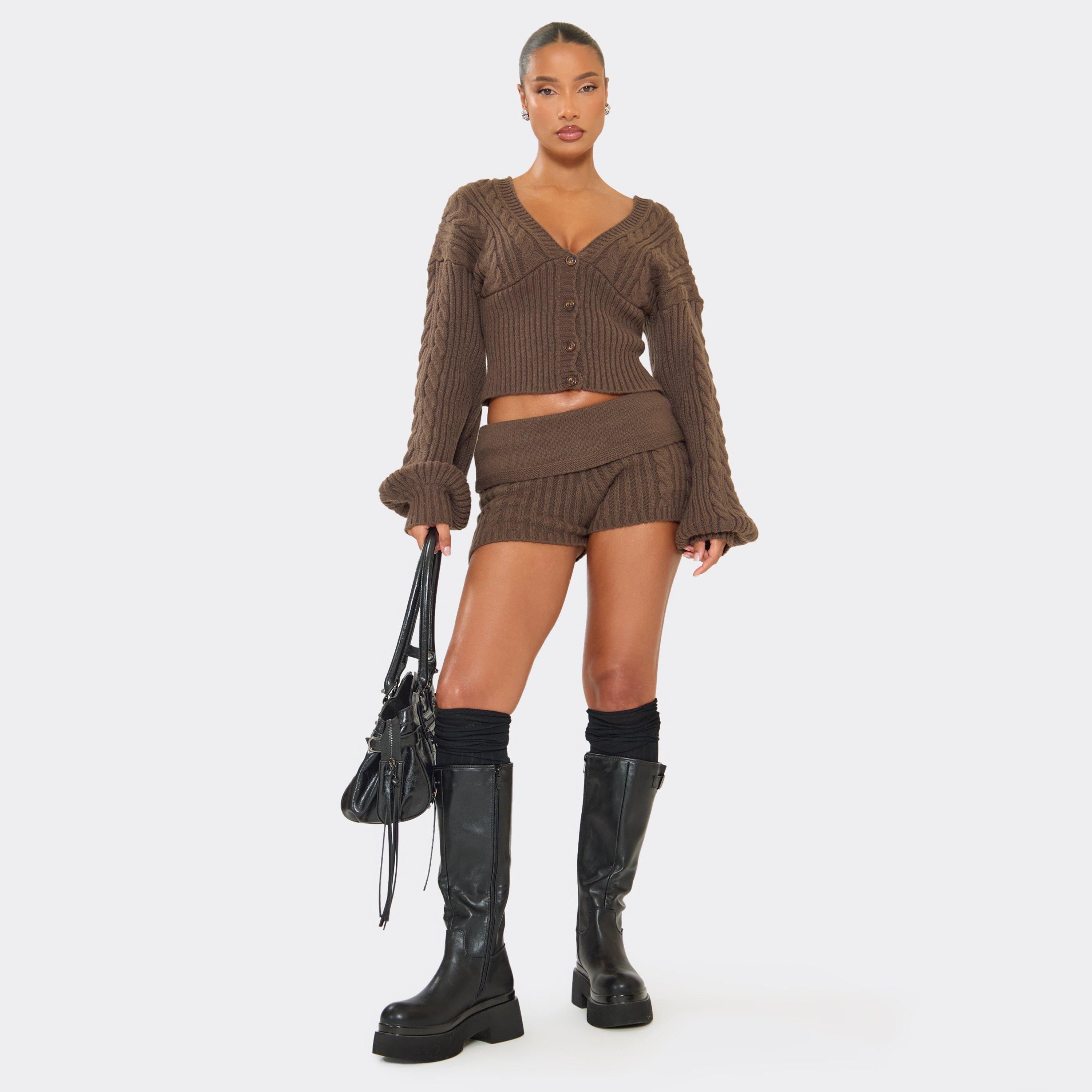 Fold Over Waist Shorts In Chocolate Brown Cable Knit, Women’s