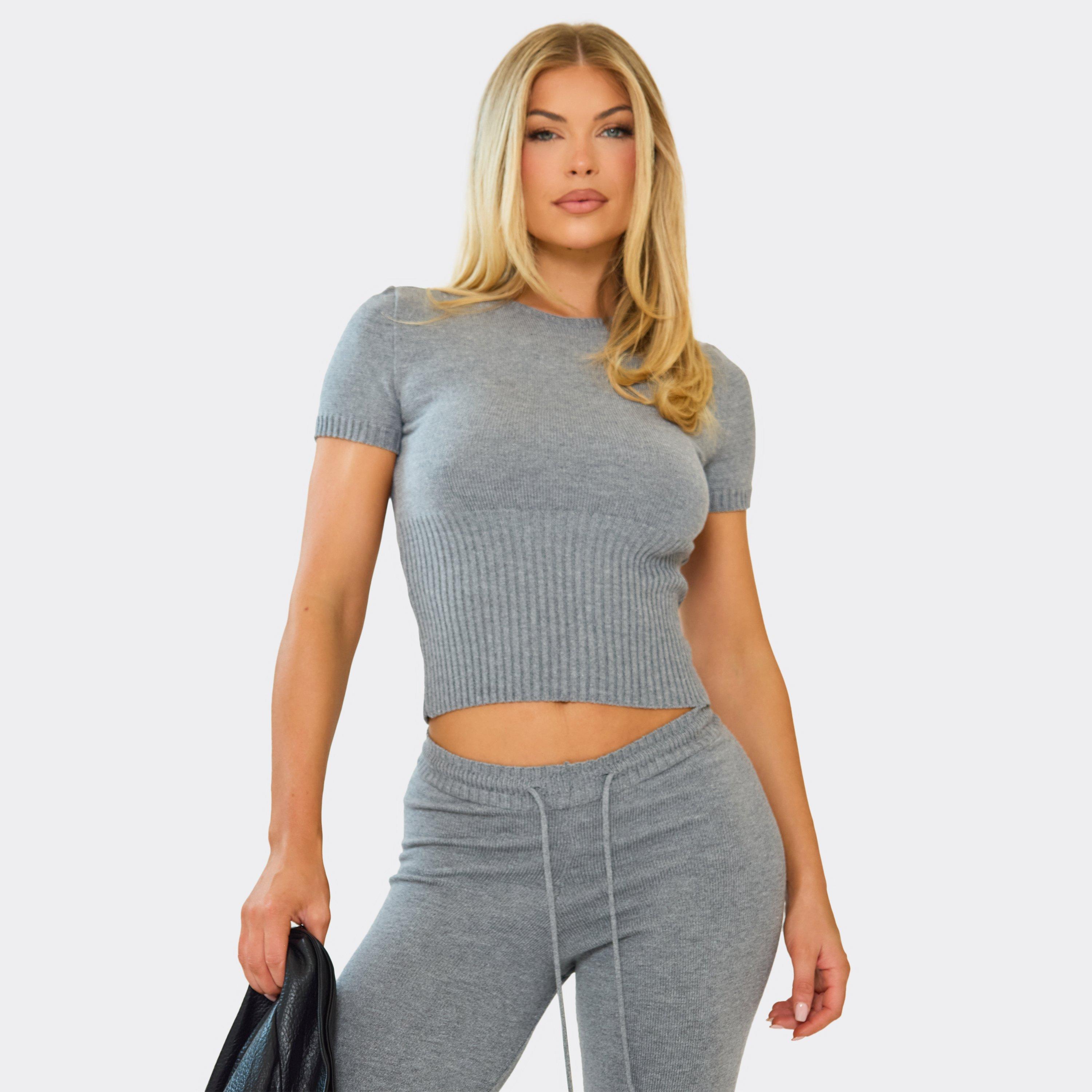 Image of Crew Neck Short Sleeve Cinched Waist Top In Grey Knit, Women's Size UK L
