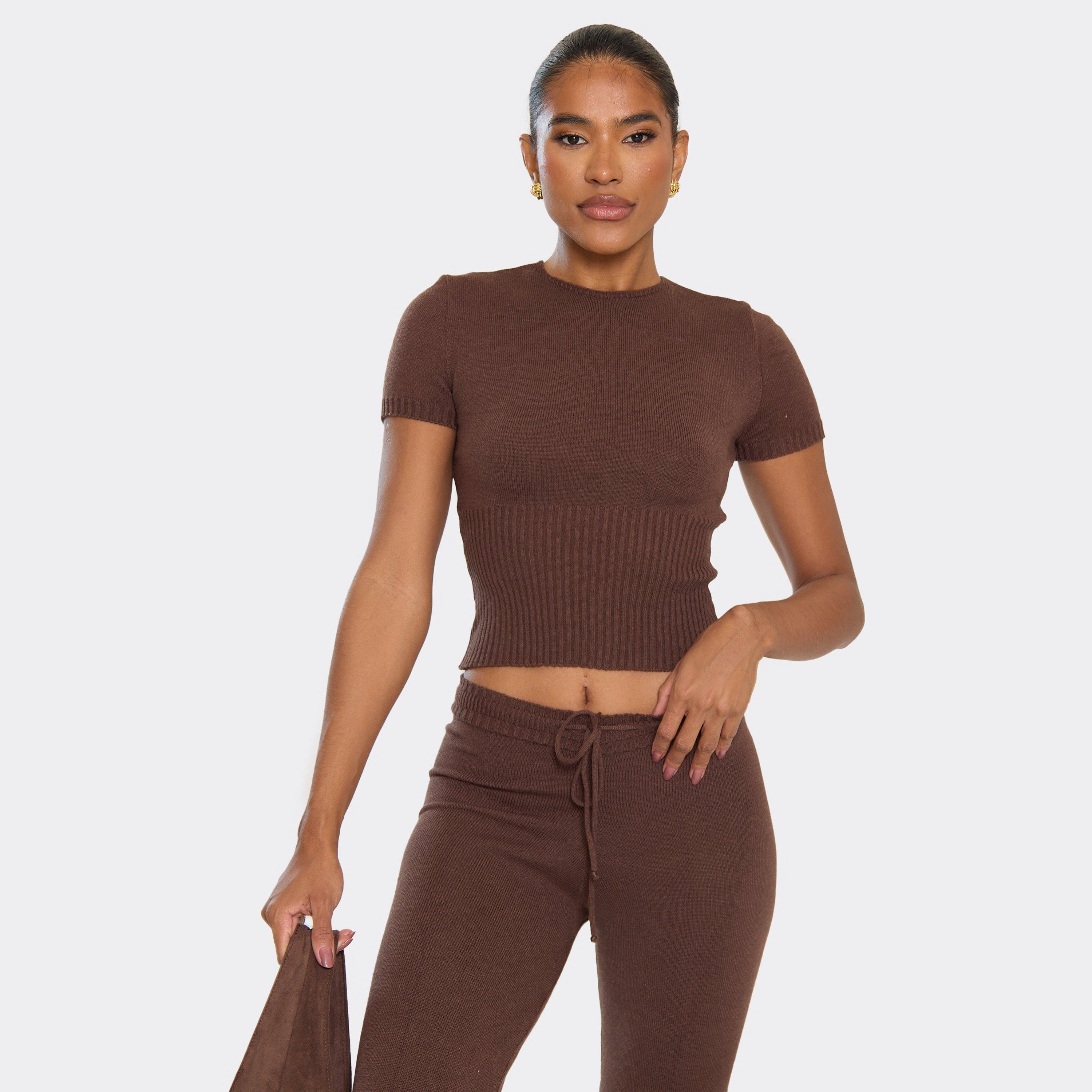 Image of Crew Neck Short Sleeve Cinched Waist Top In Brown Knit, Women's Size UK L