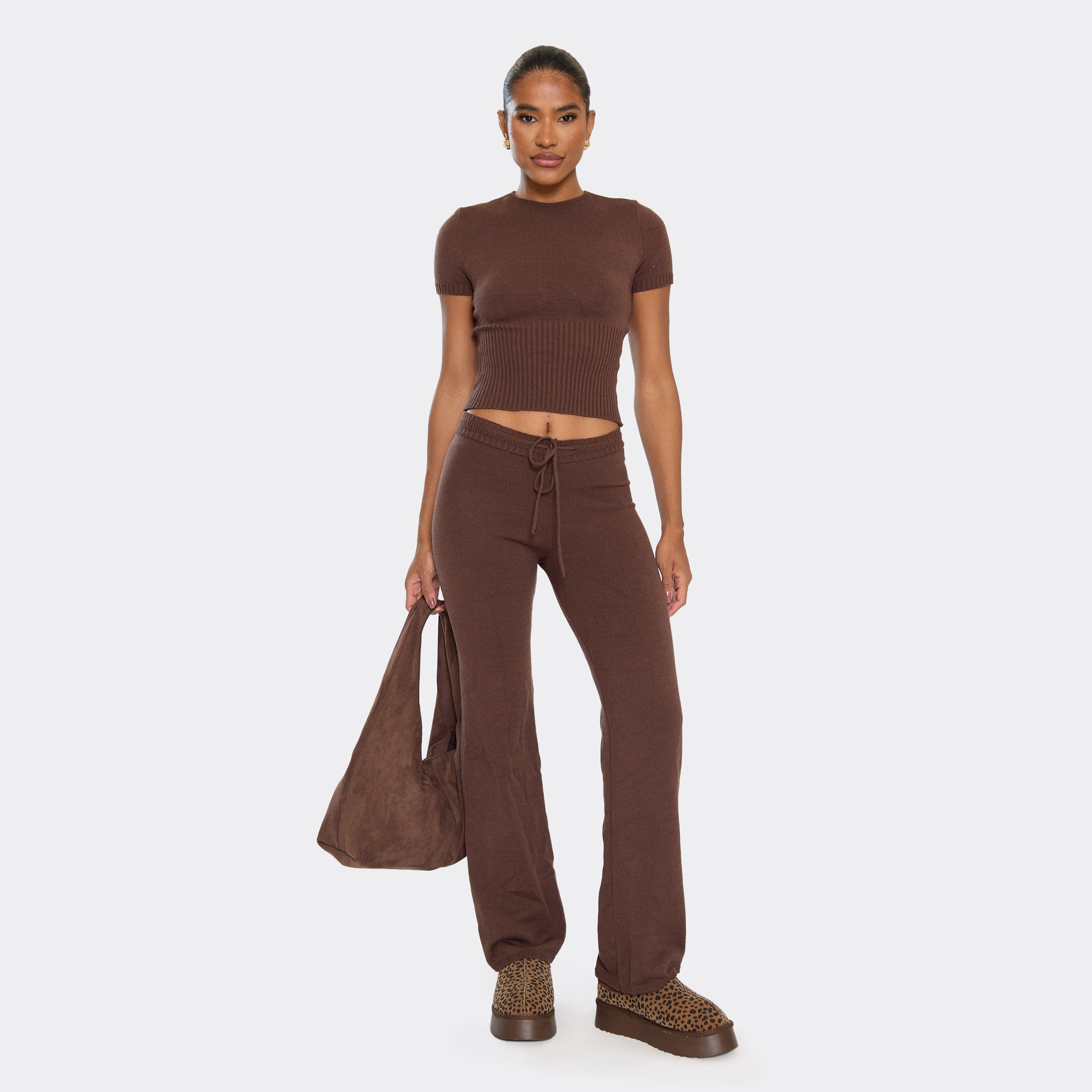 Mid Rise Drawstring Waist Wide Leg Trousers In Brown Knit, Women's Size UK L