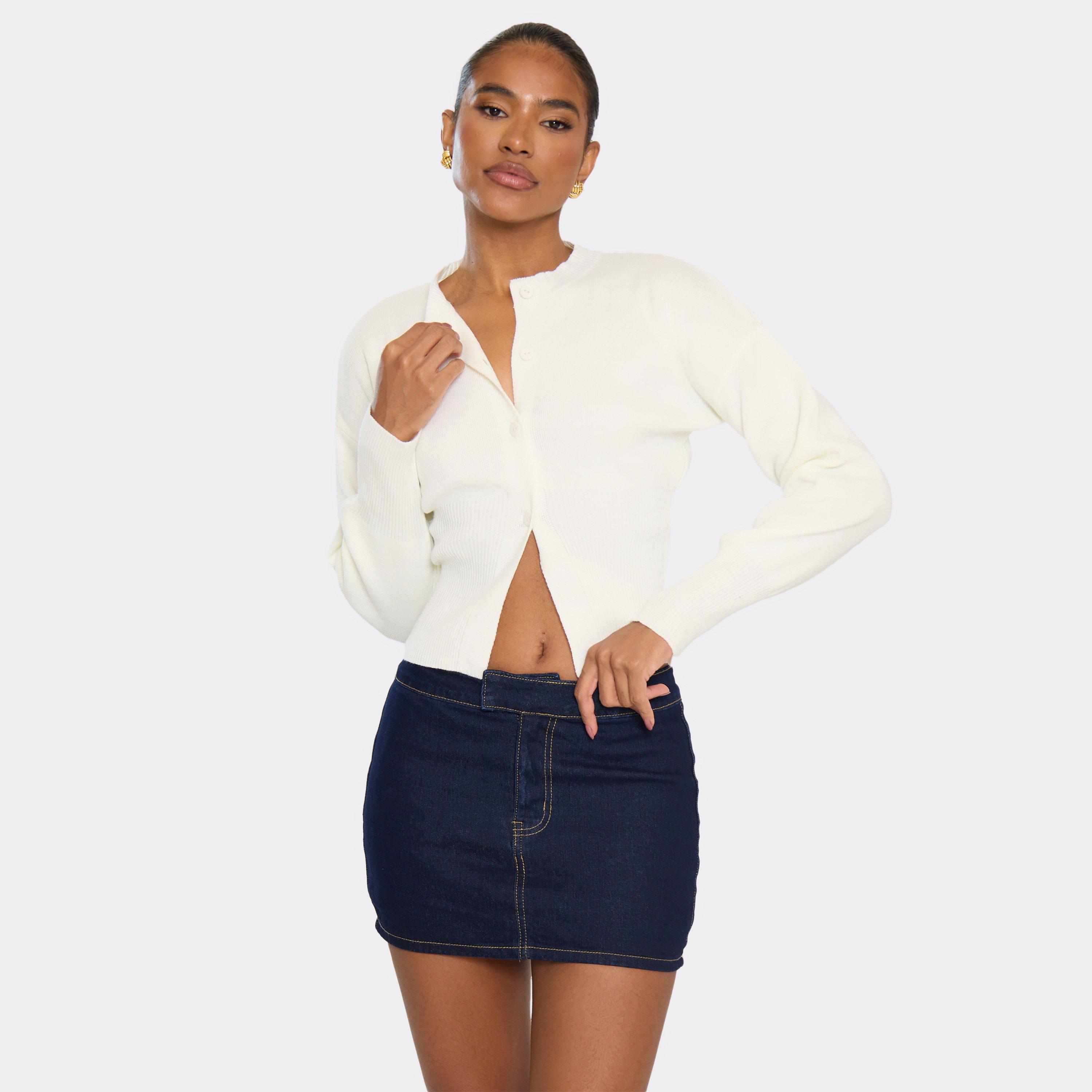 Image of Long Sleeve Button Front Cinched Waist Cardigan In Cream Knit, Women's Size UK L