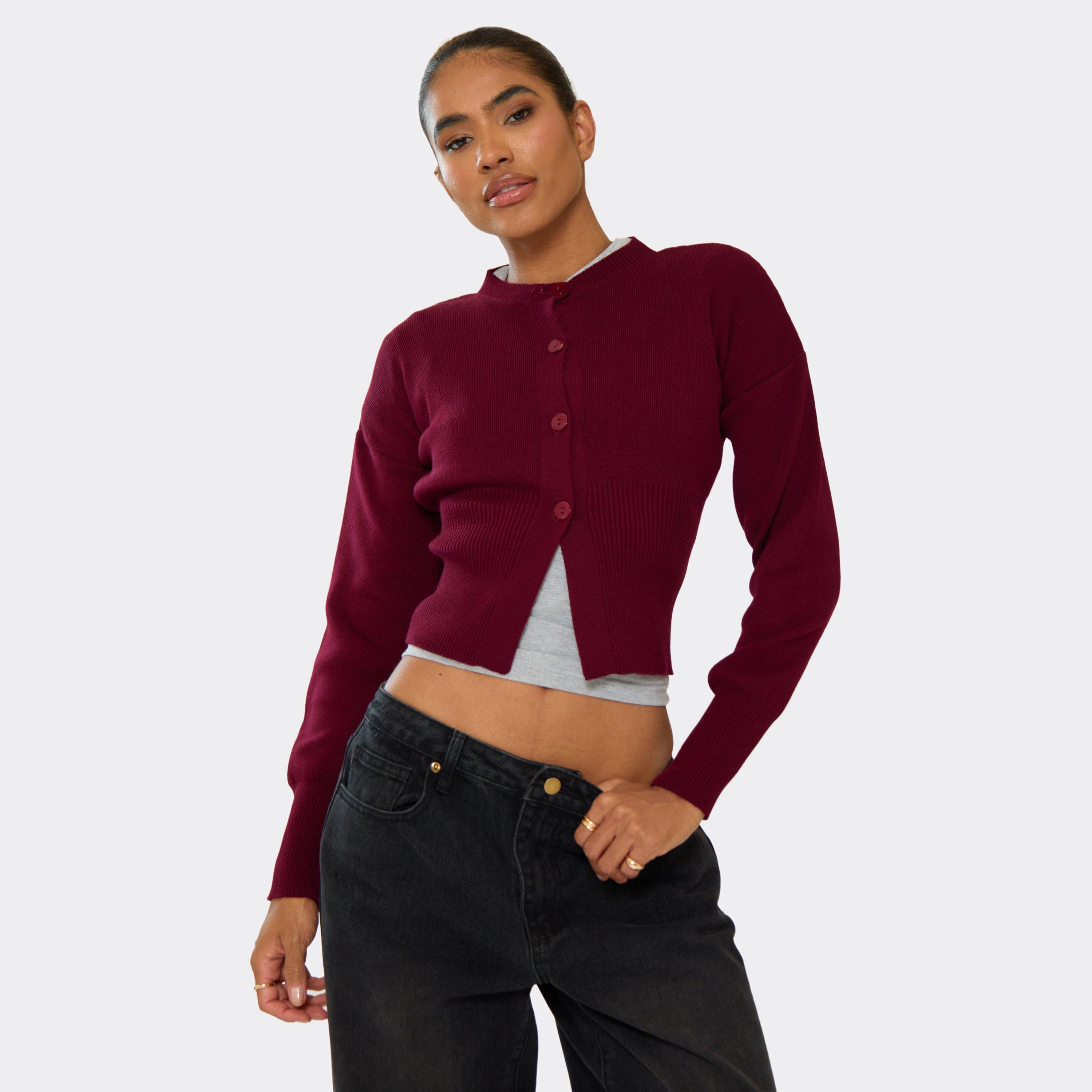 Image of Long Sleeve Button Front Cinched Waist Cardigan In Burgundy Knit, Women's Size UK M