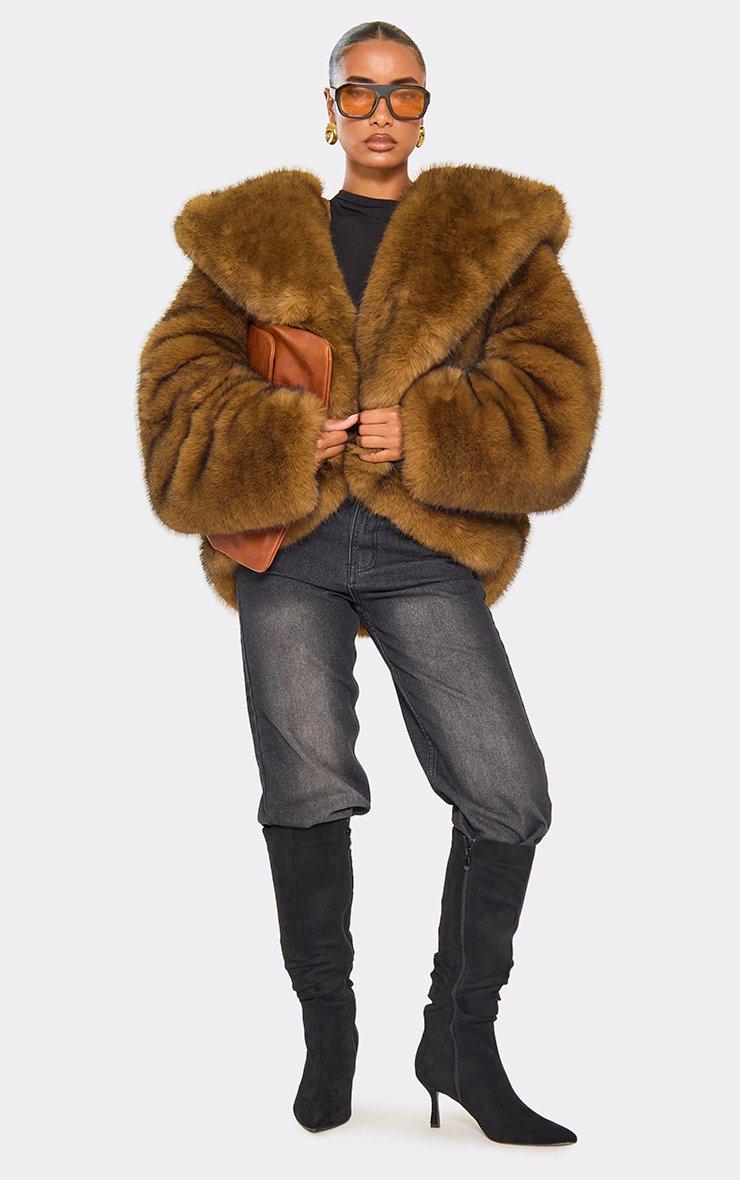 Hooded Oversized Coat In Brown Faux Fur | EGO US | EGO