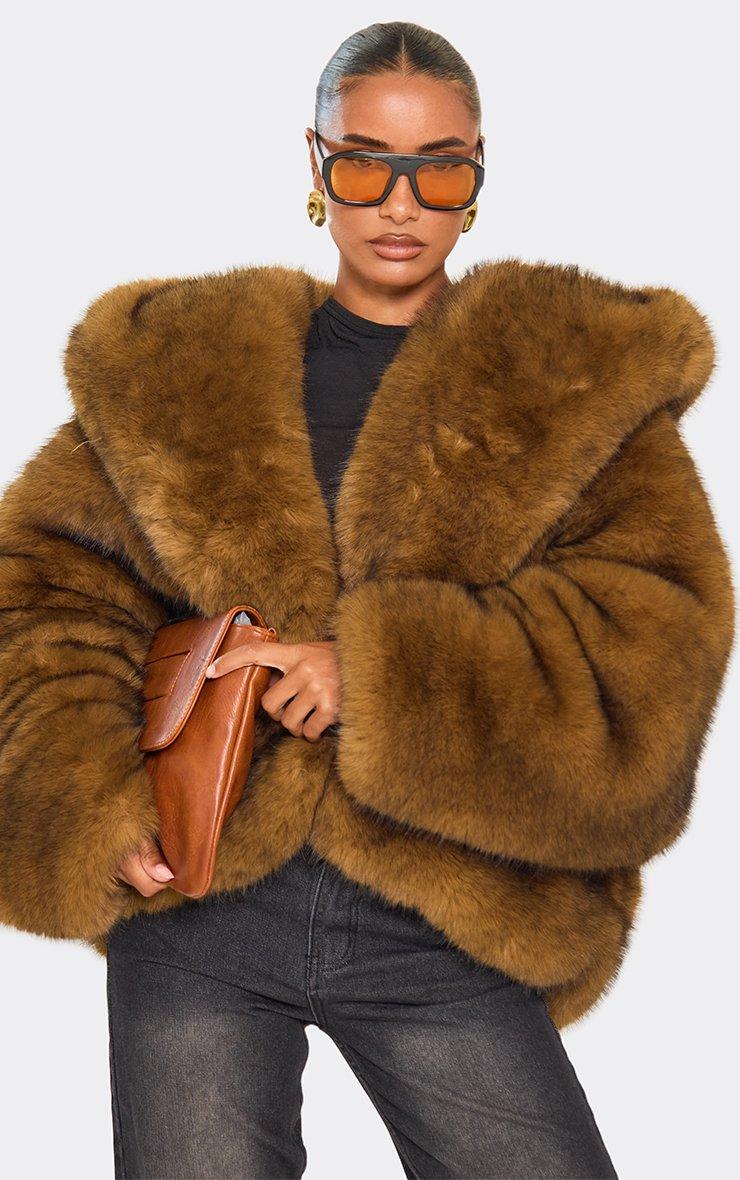 Hooded Oversized Coat In Brown Faux Fur | EGO US | EGO