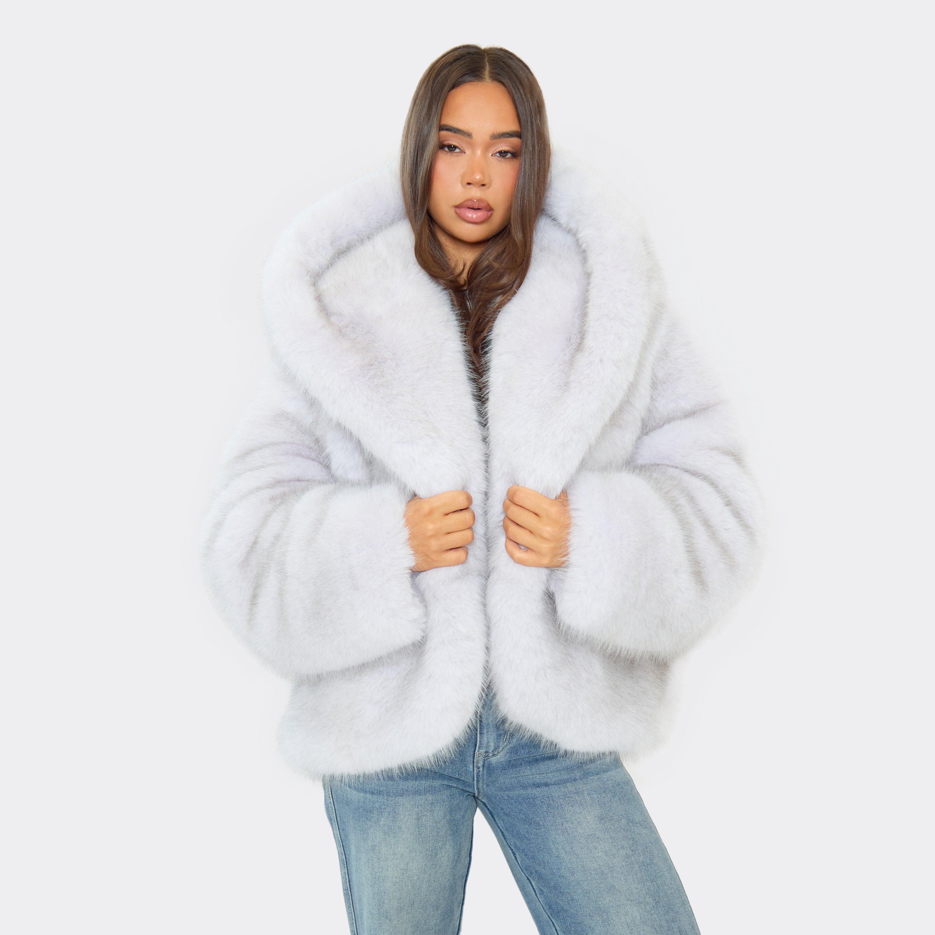 Hooded Oversized Coat In Light Grey Faux Fur, Women's Size UK M
