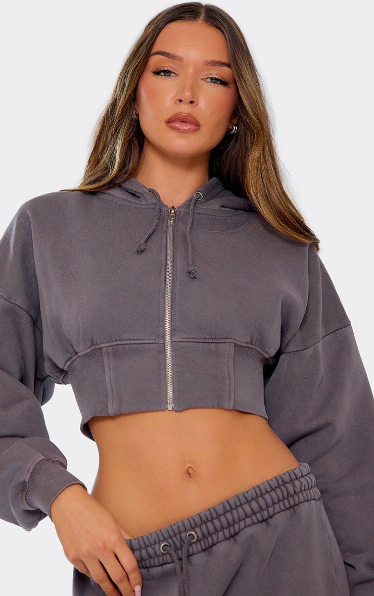 Long Sleeve Cropped Cinch Waist Zip Up Hoodie In Washed Charcoal